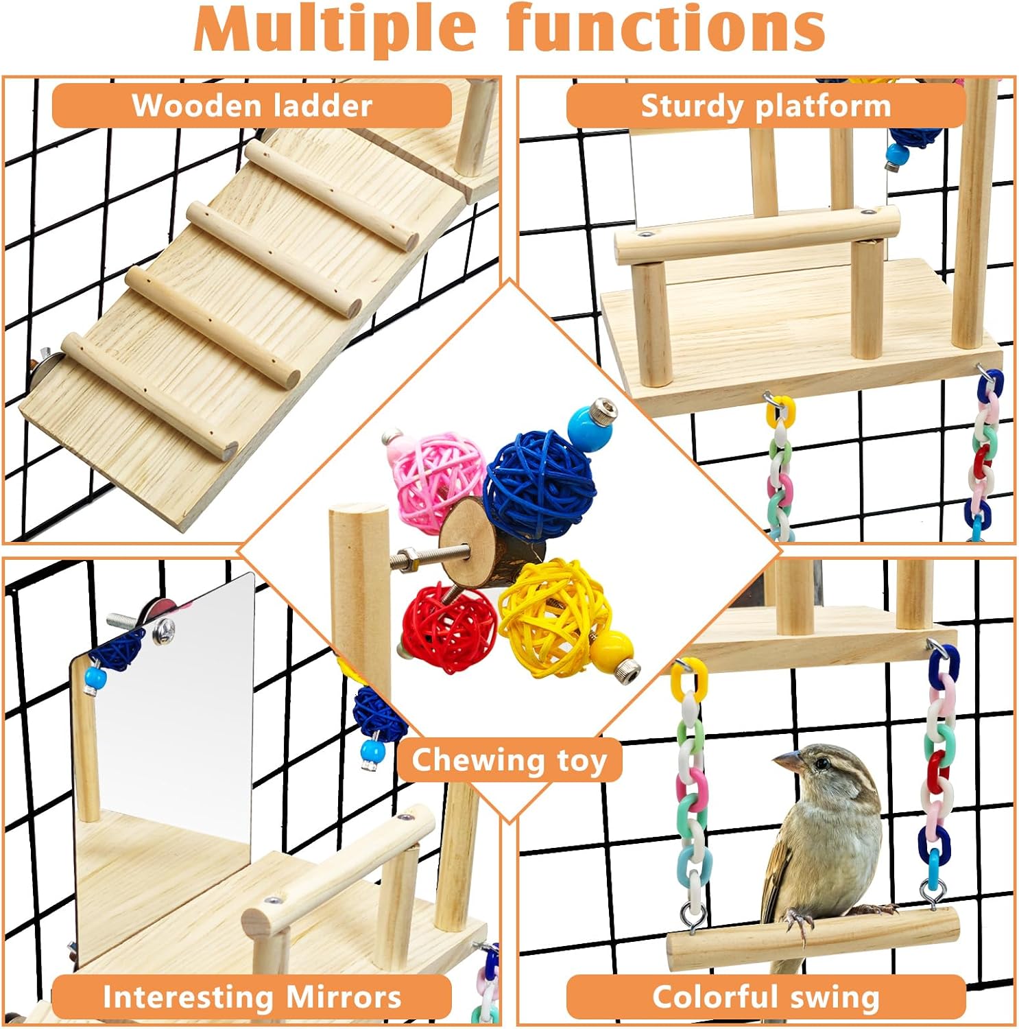 BNOSDM 5in1 鳥とまり木プラットフォームスイング木製インコ おもちゃ 鏡付き 遊び場 登山はしご 鳥かごアクセサリー オウ