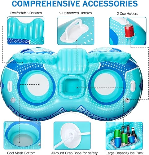 Miniatura 3 de ShinyRelief Flotador inflable de tubo de río, flotador de piscina resistente para 2 personas con enfriador integrado, respaldo ergonómico y