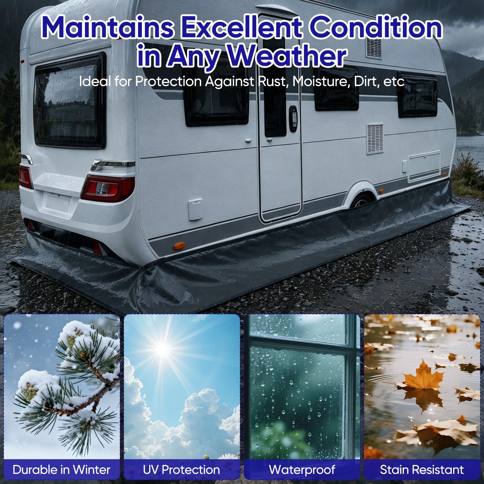 Bodenschürze Wohnwagen, 700x50 cm wasserdichte PU Wohnwagenschürze mit Bodenanker Windschutz Wohnmobilschürze Bodenschürze Wohnmobil Windschürze Wohnwagen für Outdoor Camping Reisen