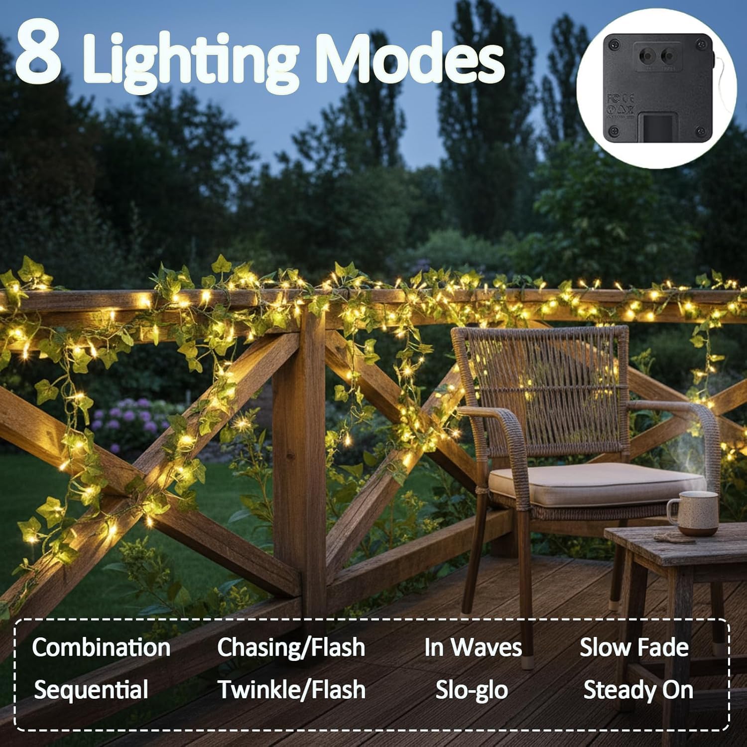 Guirnalda de luces solares impermeables para exteriores, guirnalda de luces solares para decoración de jardín, vides falsas de 33 pies con luces, 8 modos de luces artificiales para patio