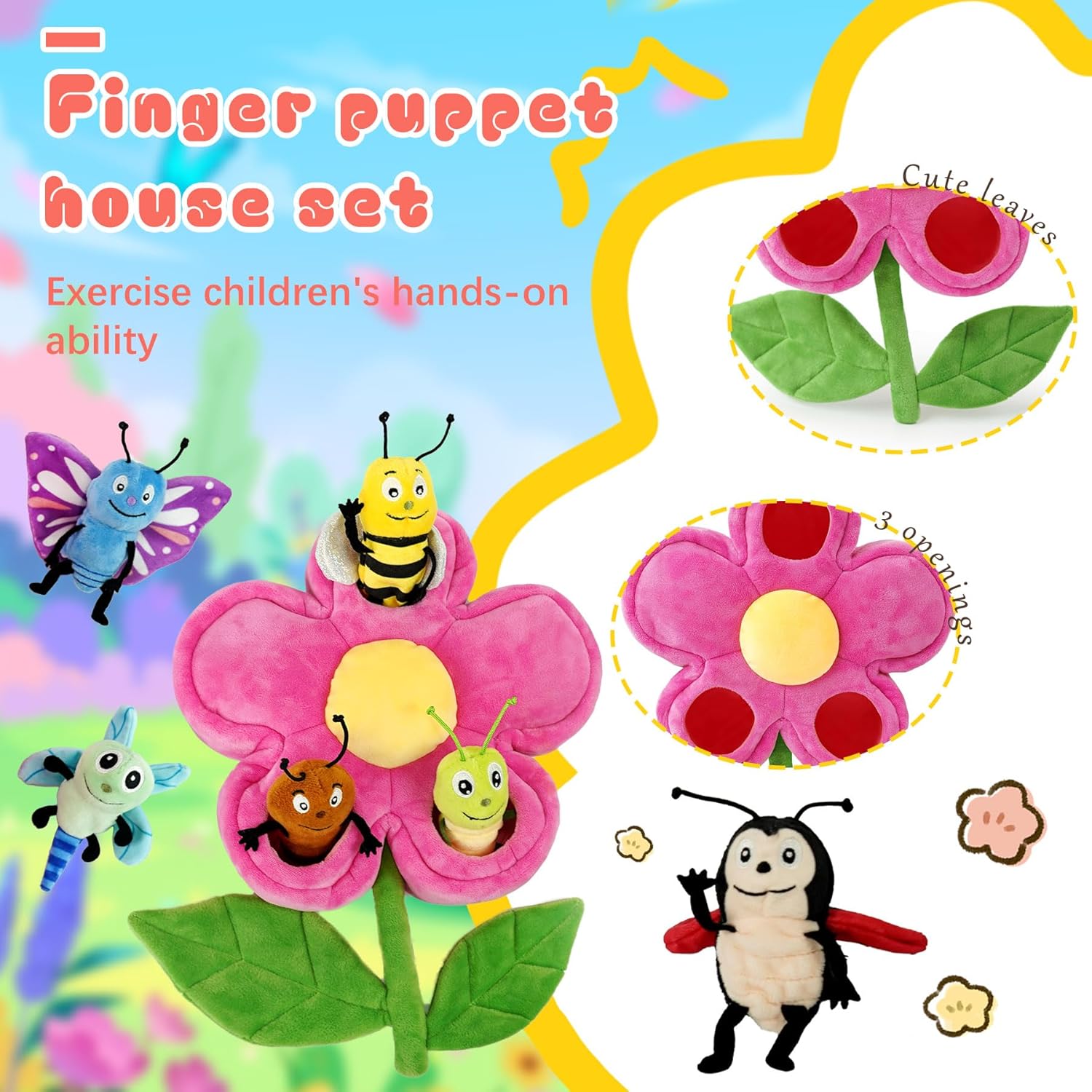 6pcs Insect Finger Puppets Bringing a Flowers House, Novelty Animals Toys Puppet for Kids, Storytelling Role-Playing Plush Finger Puppets Gifts for Boys and Girls - Image 4