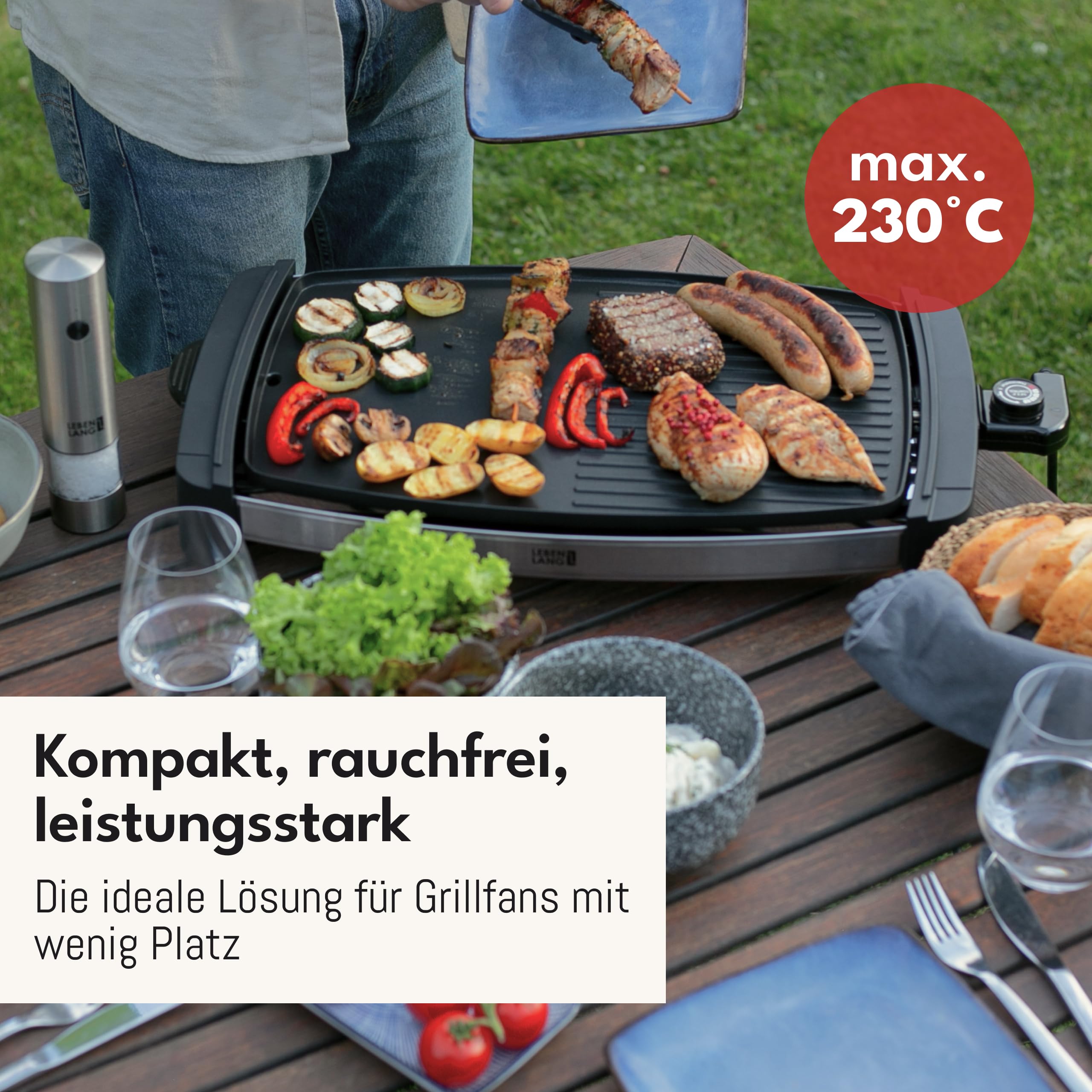 LEBENLANG Tischgrill Elektrisch 2000W 45x30cm Plancha Elektrogrill für Balkon Innen & Außen