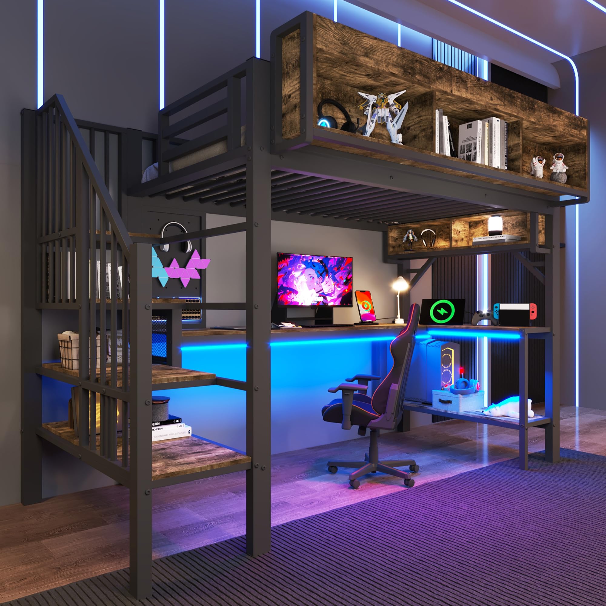 Merax Letto a soppalco in metallo, 90 x 200 cm, con scrivania angolare, spazio e piastra forata, presa USB di tipo C e LED, scala di sicurezza con gradini, per bambini e ragazzi, senza materasso