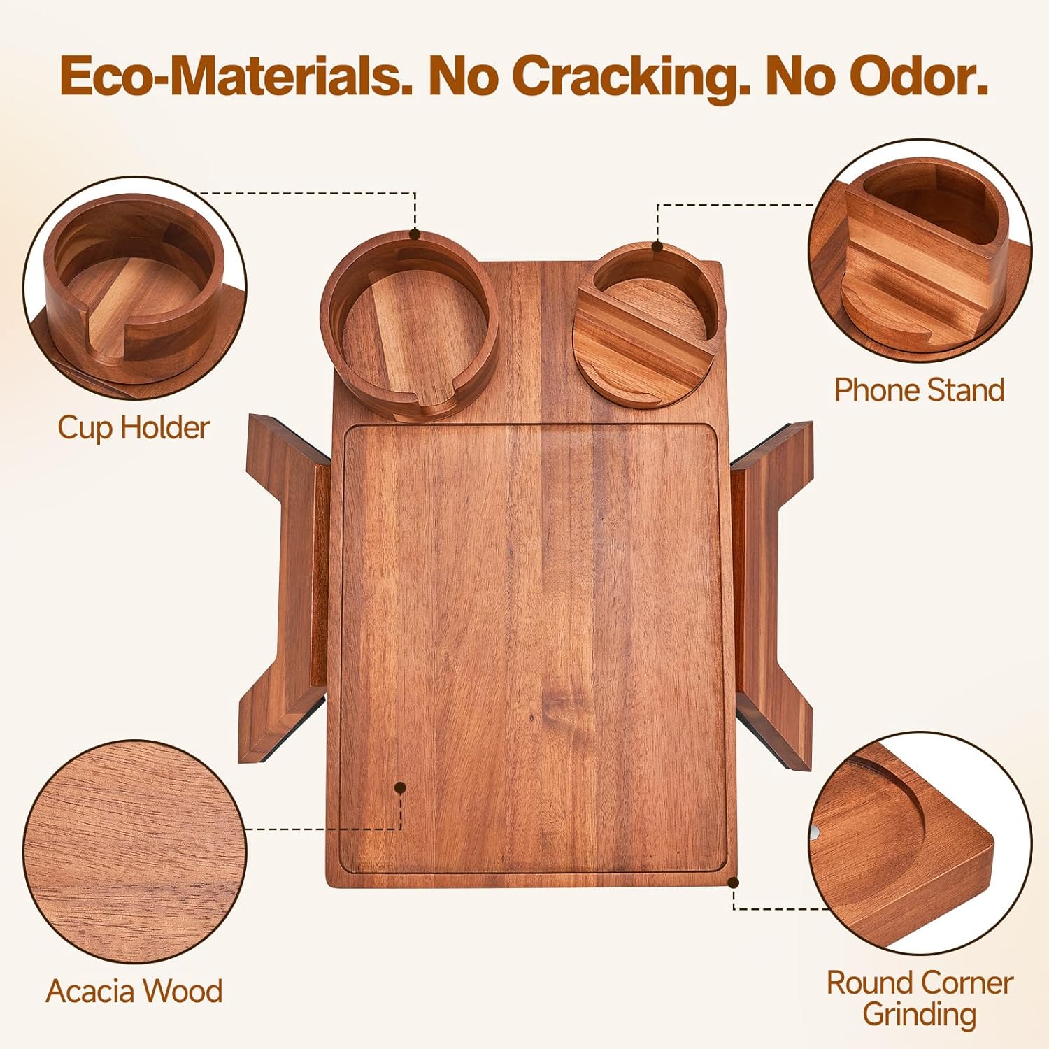 VANGONA Couch Armrest Table, Foldable Side Tray Table for Couch, 360°Rotating Cup & Phone Holder Tray, Anti-Slip Snack Caddy for Sofa, Bedroom, Living Room, Acacia Wood, for Mom, Dad