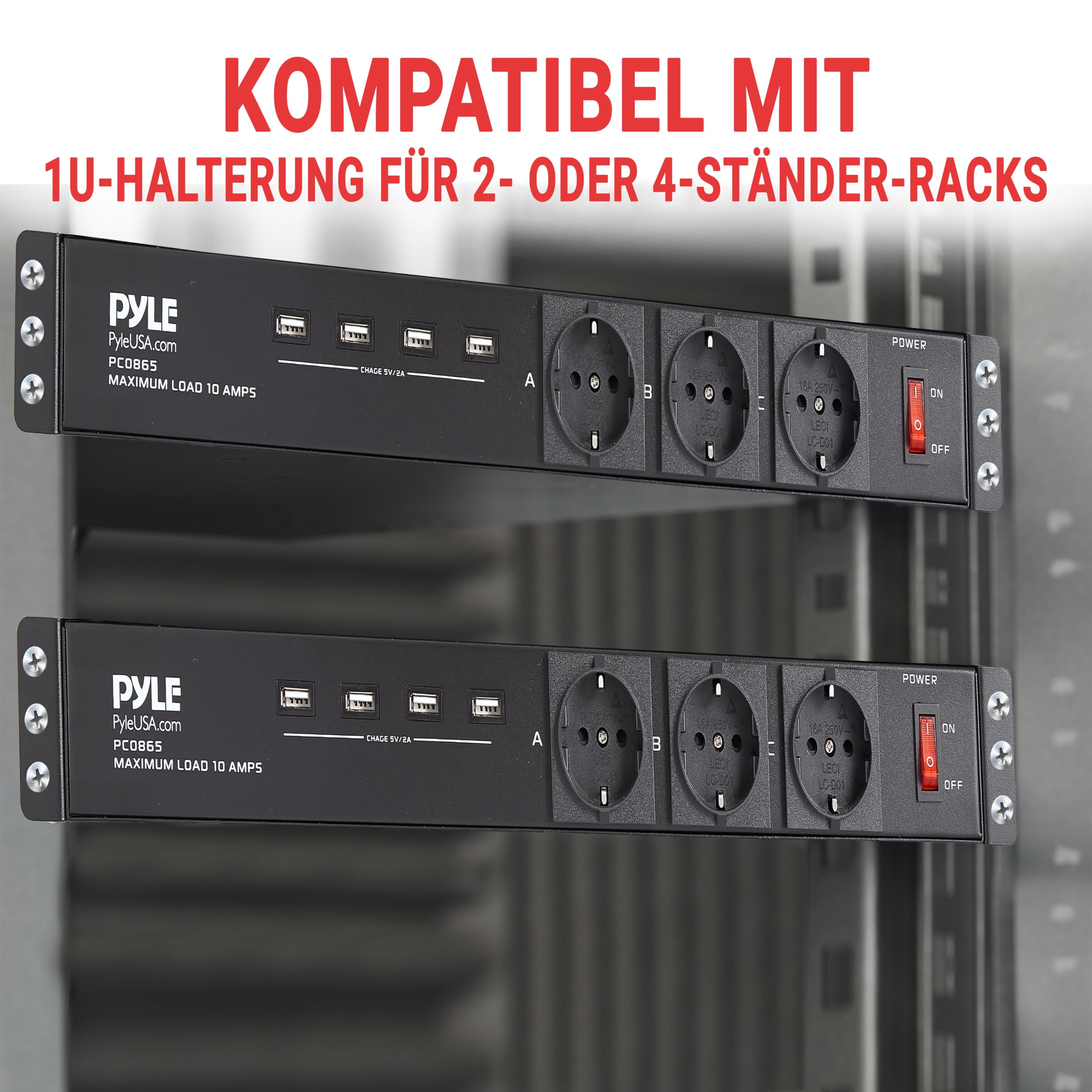 Pyle Stromverteiler- 1U Rack, Mehrfachsteckdose mit 12 Fest Verkabelten Ausgängen, 3 Frontsteckdosen & 4 USB-Ports (5V/2A), 5 m Netzkabel, Metallgehäuse, Rack-PDU für Studio, Bühne & Installation
