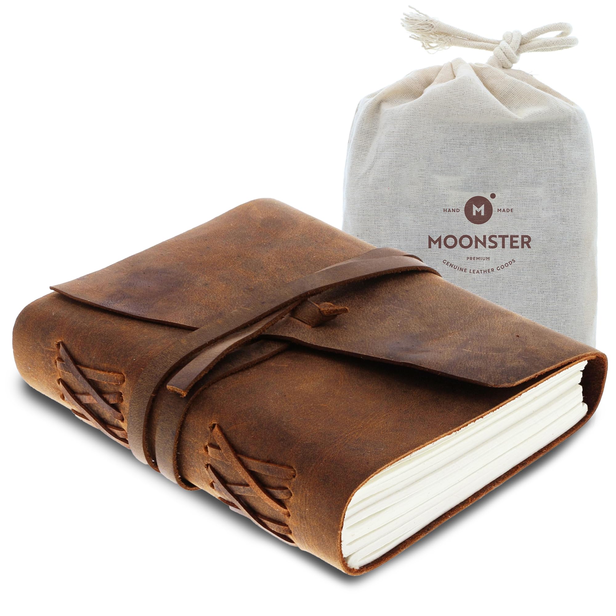 Leather Journal Writing Notebook, Vintage Handmade Bound Notepad for Men Women - Write in Plain Thick Paper, 7x5 Inch Small Blank Pages, MOONSTER® Drawing Sketchbook, Travel Diary, Unlined Note Book
