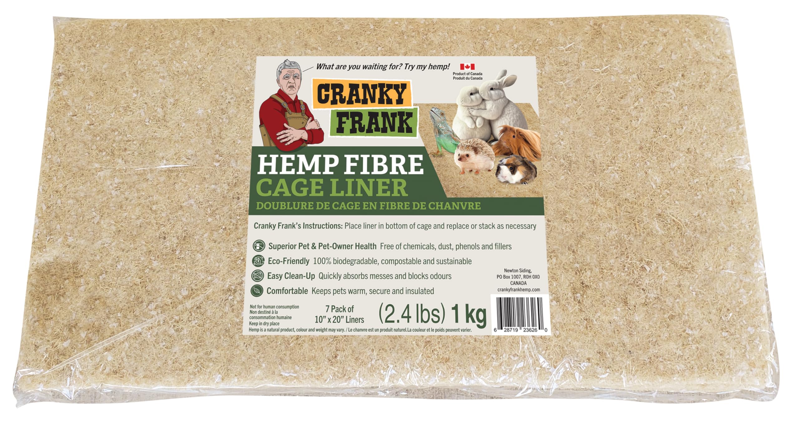 Cranky Frank Hemp Fiber Cage Liner - 7 Pack - Super Absorbent, Odor Blocking, All Natural, Dust-Free, Hypoallergenic, Biodegradable Liner for Rabbits,
