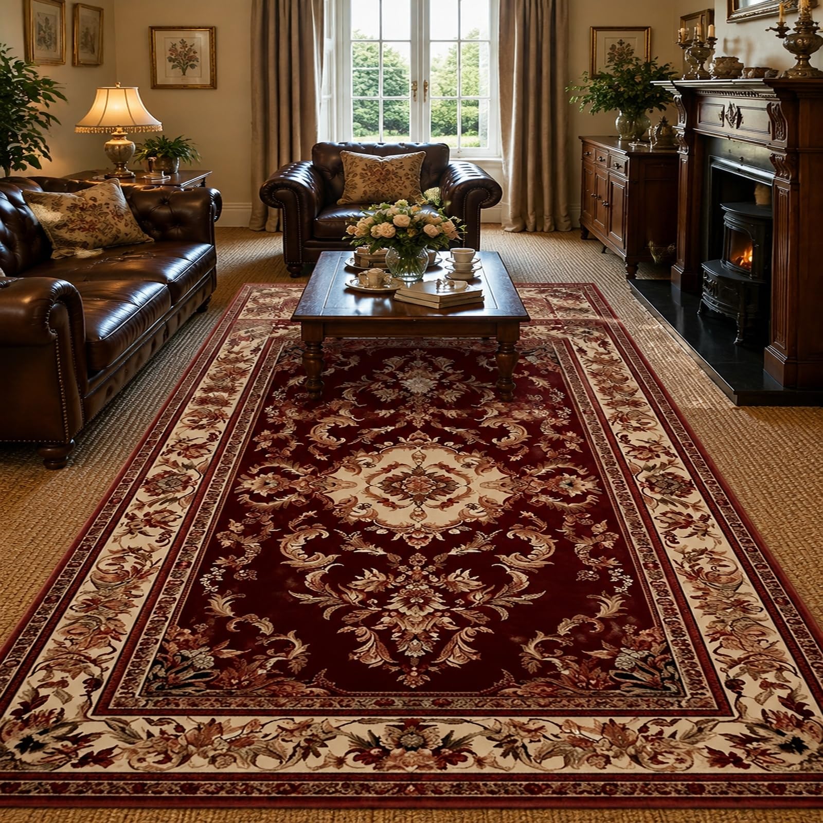 Tappeti quadrati, 120 x 120 cm, Rosso orientale beige marrone, Tappeto quadrato Salotto Camera Decorazione, Rugs Pelo Corto Lavabile Antiscivolo,