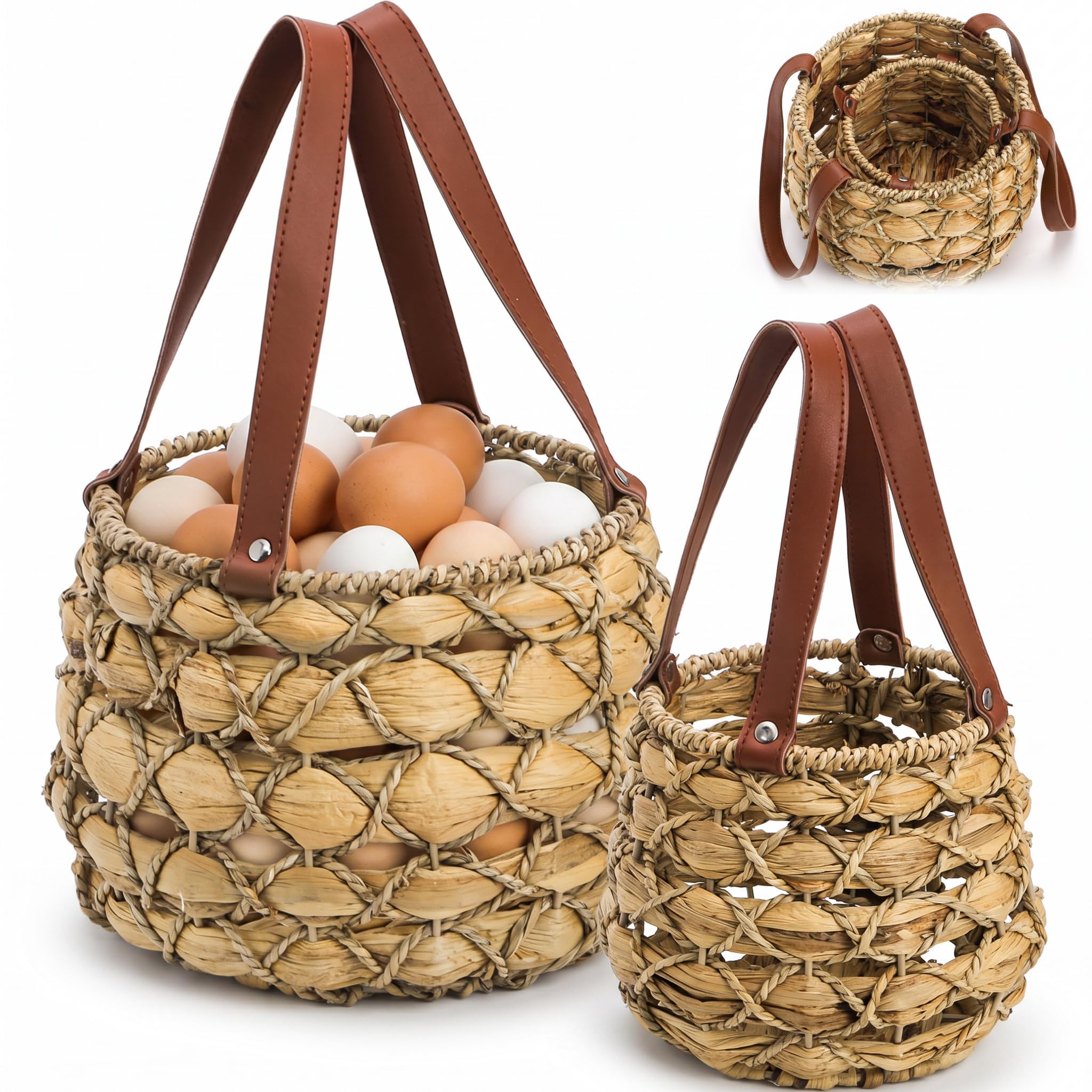 Goaste 2 Sizes Egg Collecting Baskets with Handle, Round Chicken Egg Storage Baskets, Handwoven Wicker Eggs Container for Gathering Fresh Eggs, Vintage Countertop Picnic Basket for Harvest, Kitchen