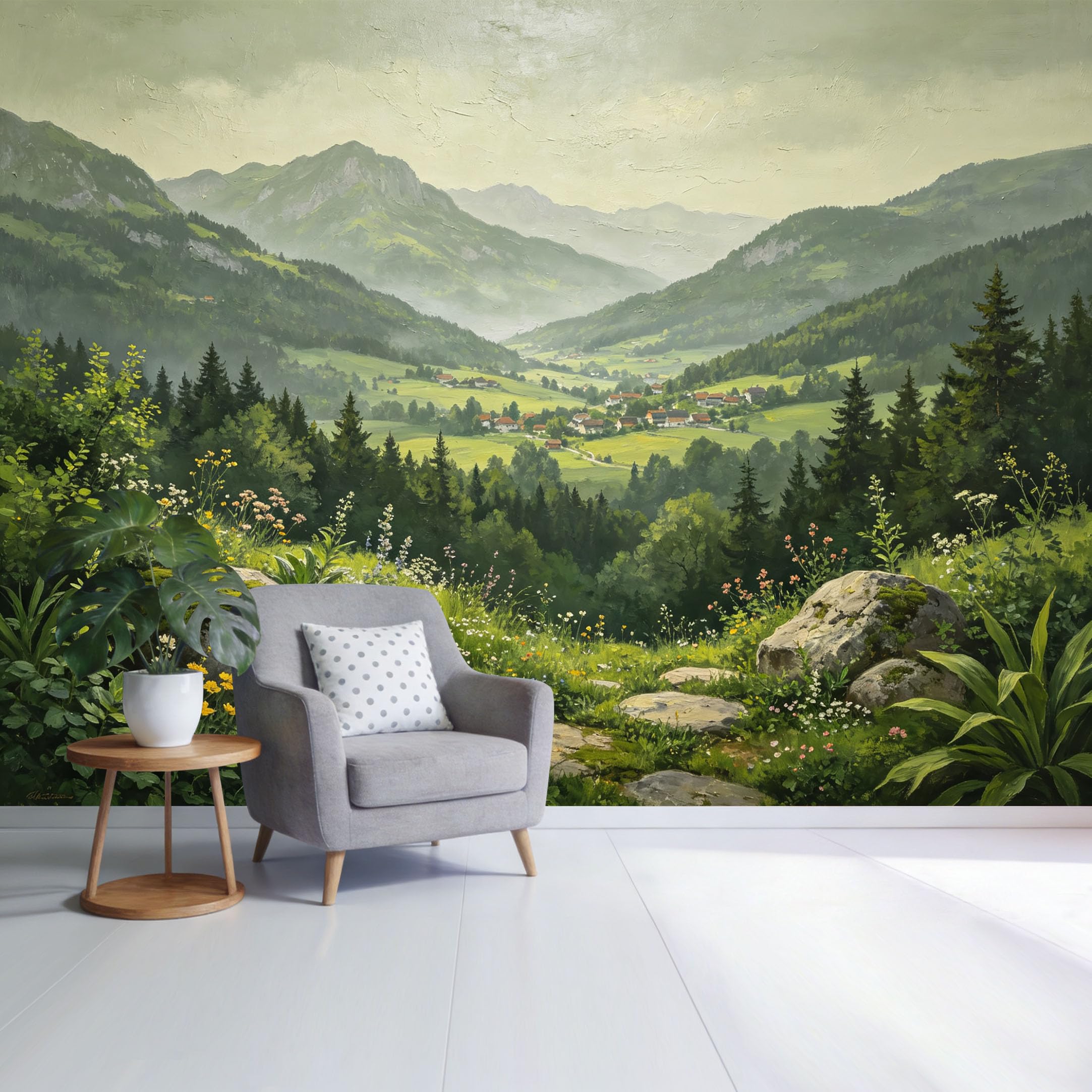 Custom Size Wall Mural Mountain Valley Landscape Green Forest Meadow View SelfAdhesive Wall Fabric Removable Wallpaper for Home Office Decor