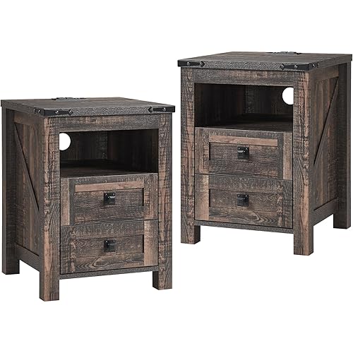 T4TREAM Farmhouse Nightstand Set of 2 with Charging Station, Rustic End Table with 2 Drawers, Storage Open Shelf for Bedroom, Living Room, Wood Side Table, Dark Rustic Oak