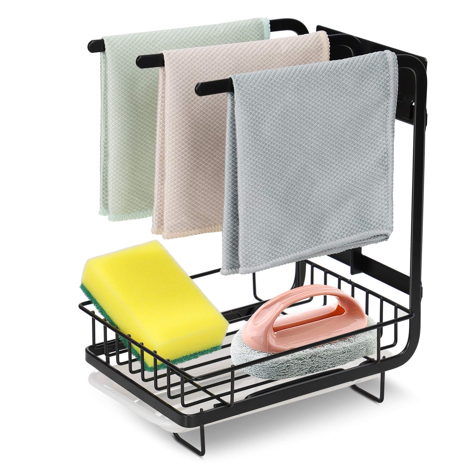 Sink Caddy Tidy Sponge Holder, Kitchen Sink Organiser, Kitchen Counter Organizer, Dish Cloth Hanger, Sink Tray Drainer Rack, Brush Soap Holder with Drain Pan & Dishcloth Holder for Kitchen Bathroom