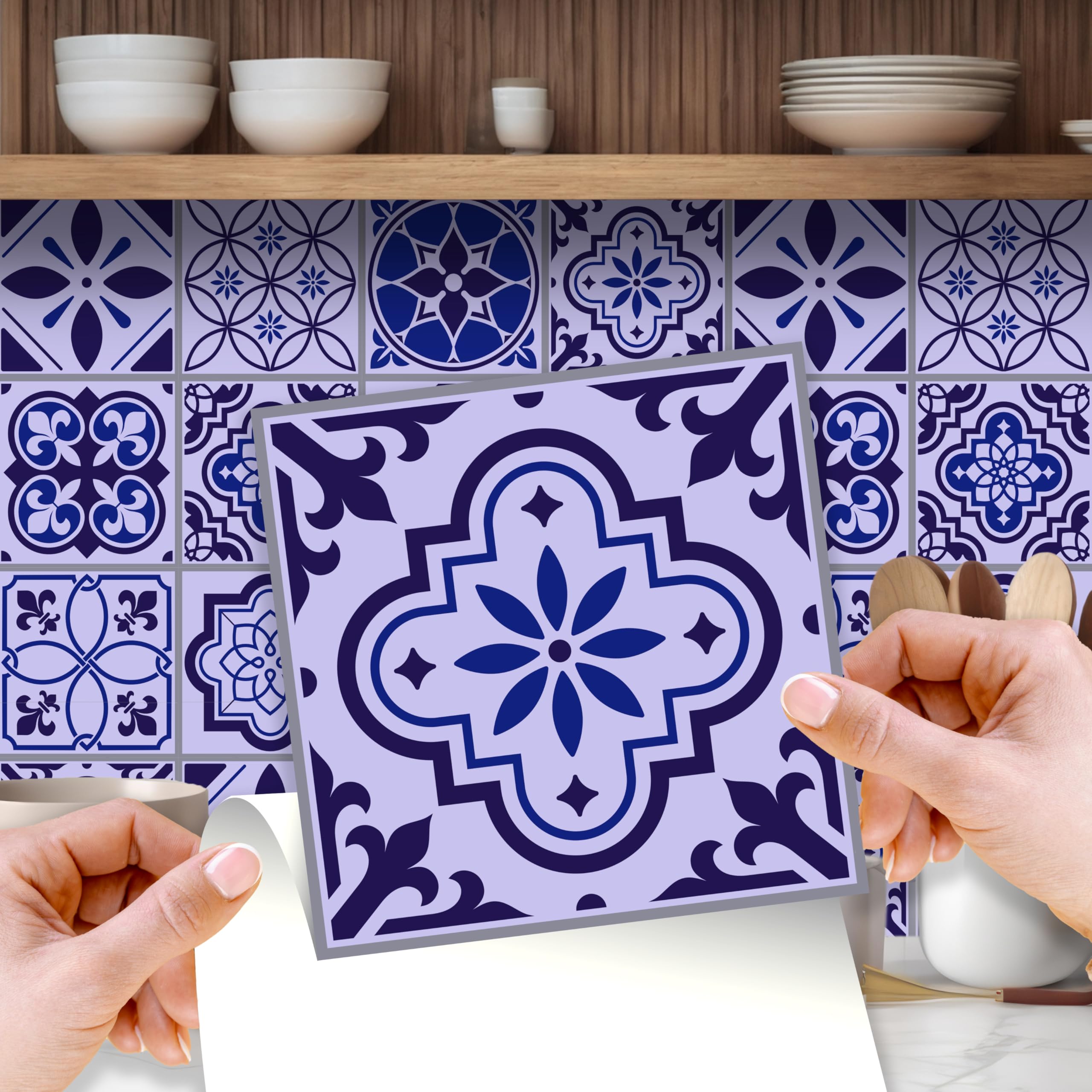 WALPLUS 24pcs 6" Peel and Stick Vinyl Backsplash Tiles Stickers Tile Paint Removable Waterproof Self-Adhesive Decals Vinyl Home Kitchen Bathroom Spring Easter Decoration (Spanish & Moroccan Blue)