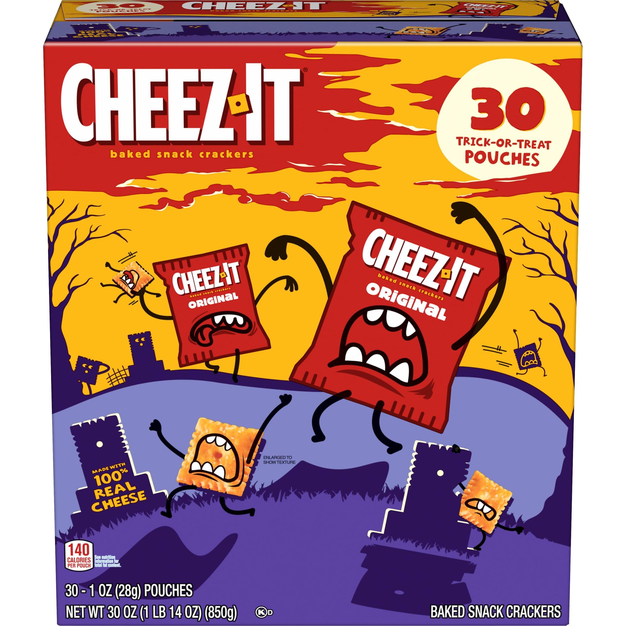 cheez-it cheese crackers, baked snack crackers, halloween snacks, original, 30oz box (30 pouches)