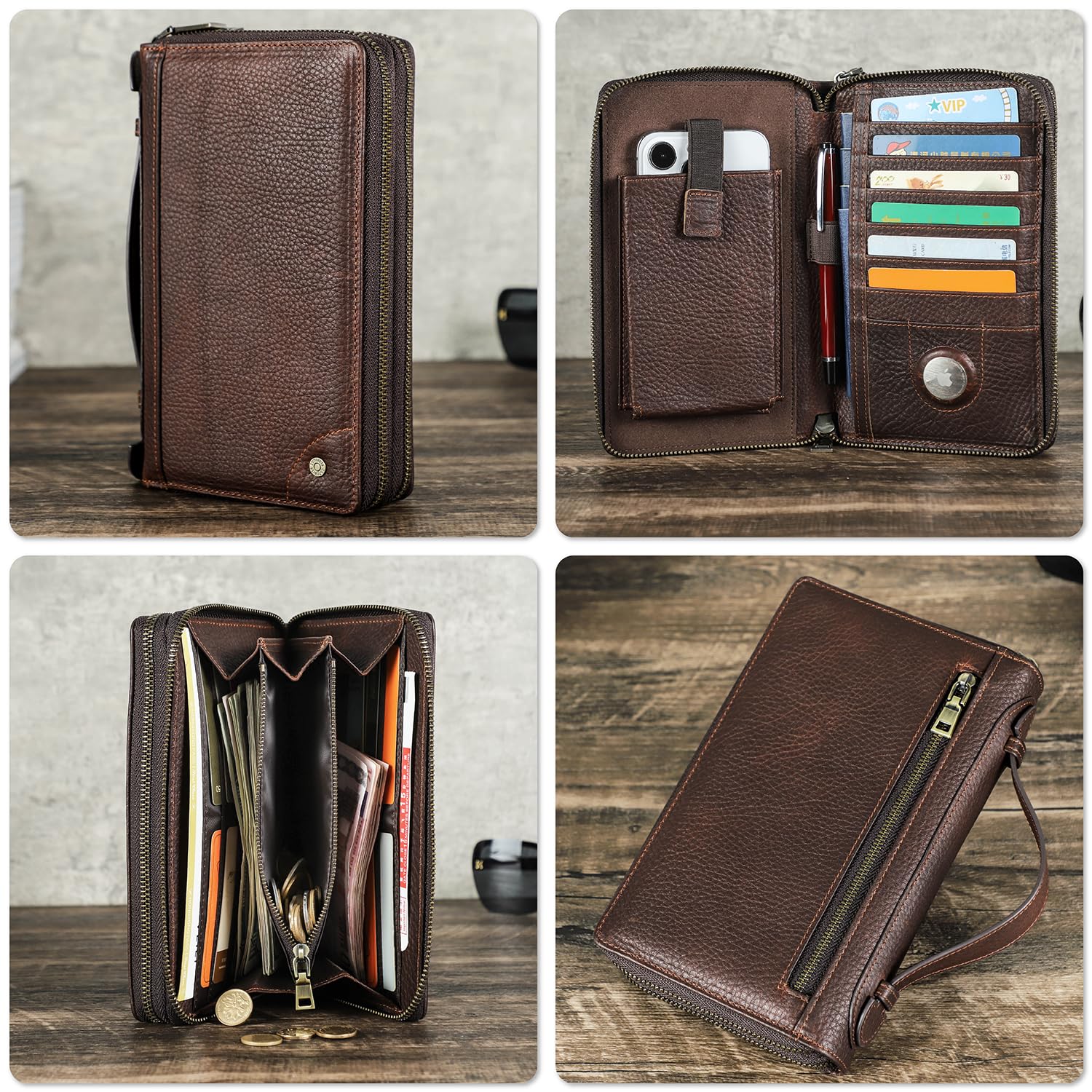 Top Grain Genuine Leather Zipper Clutch Wallet for Man & Woman, Handmade Vintage Design, Multi Slots & Side Pocket & Strap, RFID Large Capacity for Cards/Checks/Passports/Phone/Pen/AirTag, Red Coffee