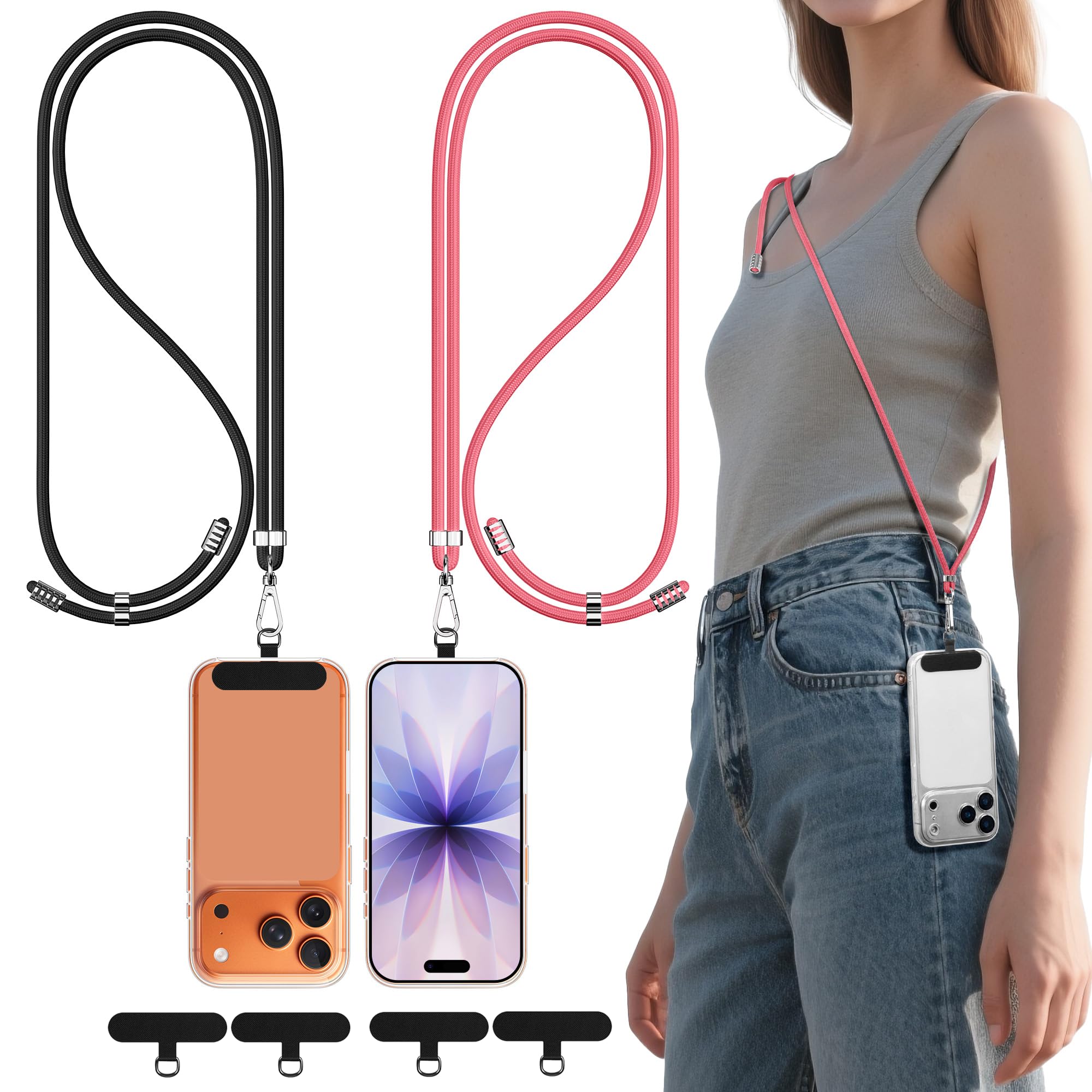 DESELL 2 Stück Handyband Zum Umhängen,Nylon handykette universal zum Umhängen kompatibel mit Alle Smartphones,Verstellbar Handy Umhängeband, und 2 Stück Handy Bänd Patch
