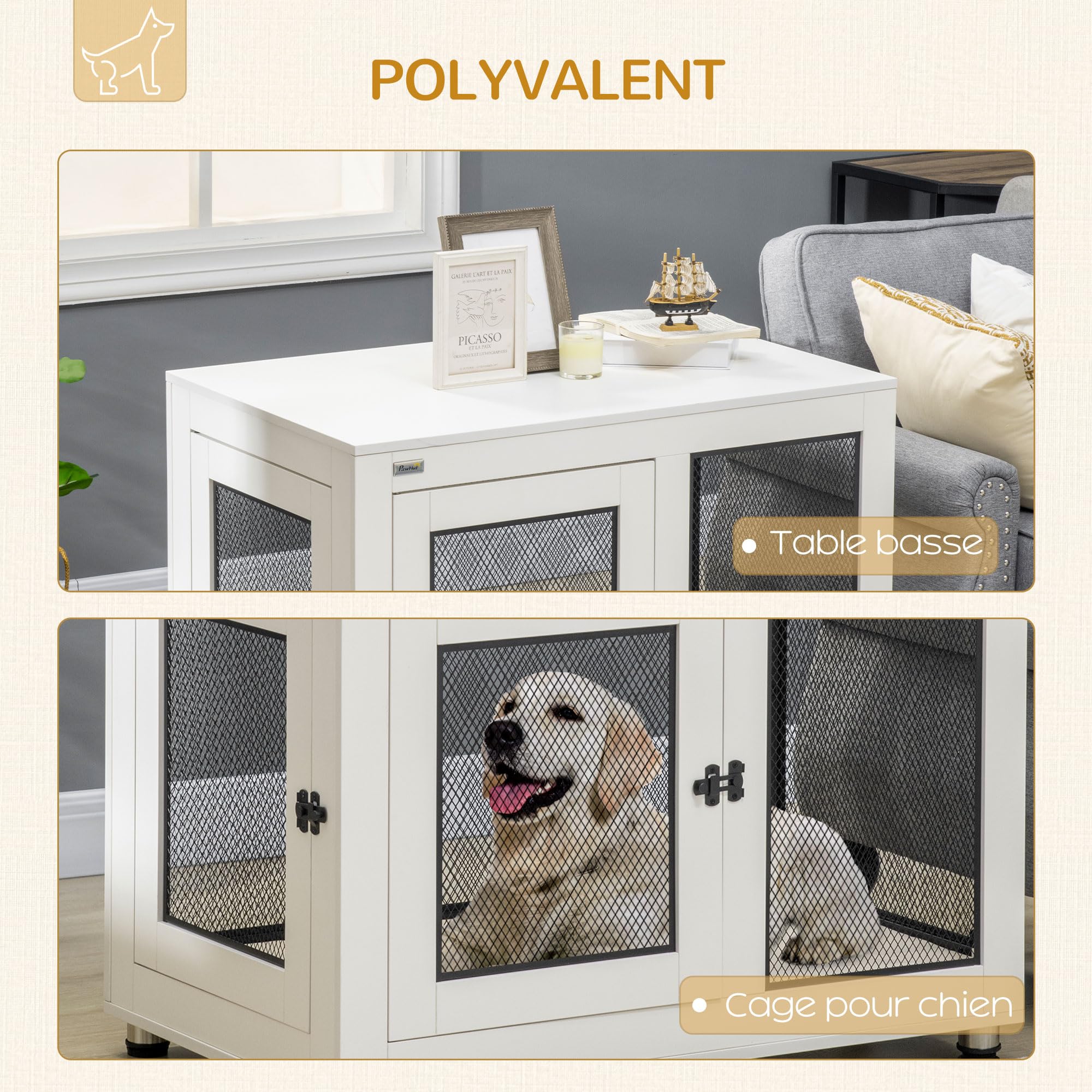 PawHut Kooi voor honden, binnen, bijzettafel, grote hondenkooi met 2
