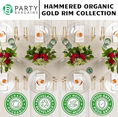 Miniatura 3 de PARTY BARGAINS Organic Collection - Platos llanos martillados de 10 pulgadas con borde dorado, transparente, paquete de 10 vajillas desechables de