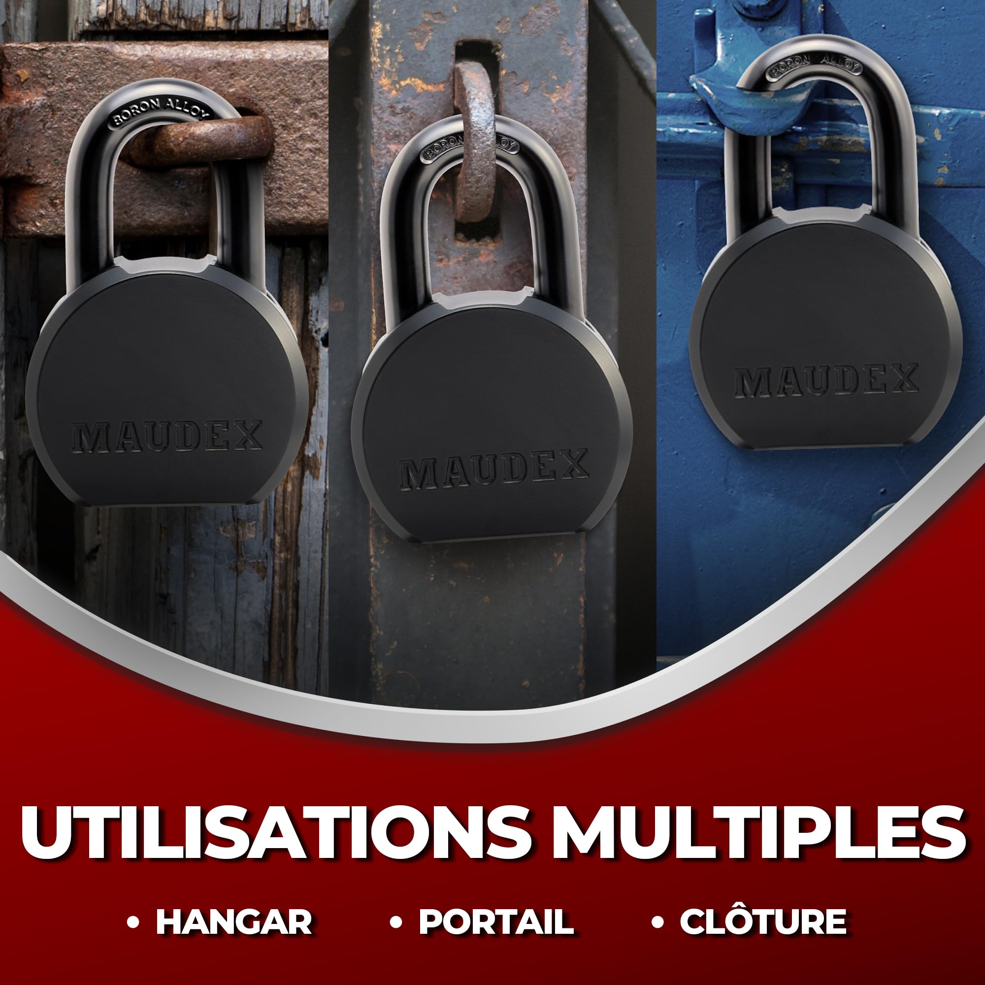 Maudex® PML65 Cadenas Conteneur avec 5 Clés - Anse 12 mm Résistance Maximale aux Coupures, Corps Acier Renforcé | Antivol de Sécurité pour Portail, Garage, Remorque Attelée