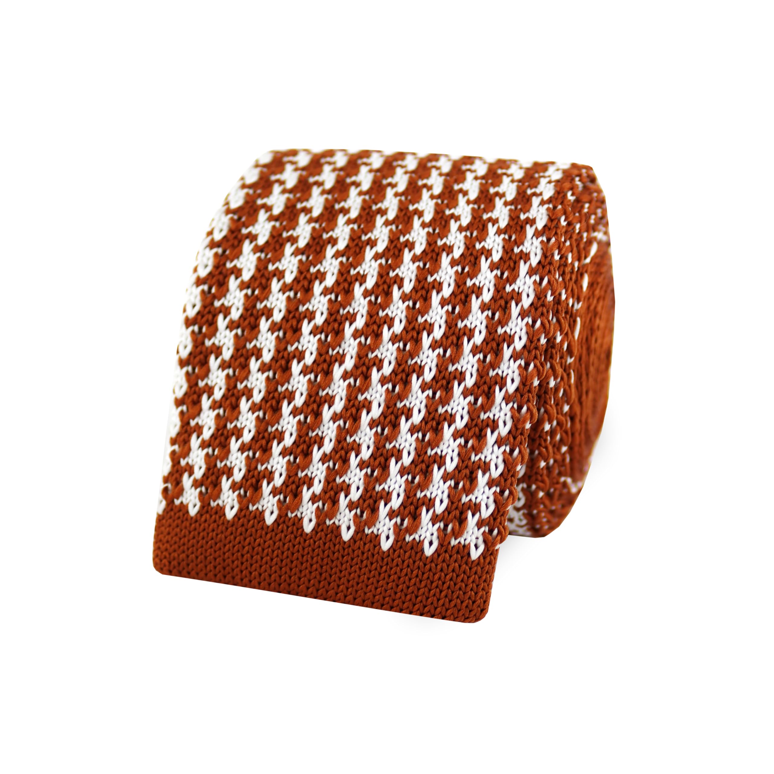 The Gents Lab Men's Rust Orange Square End Knitted Neck Tie With Houndstooth Design | Made From 100% Soft Polyester | Over 10+ Colours (Rust Orange)