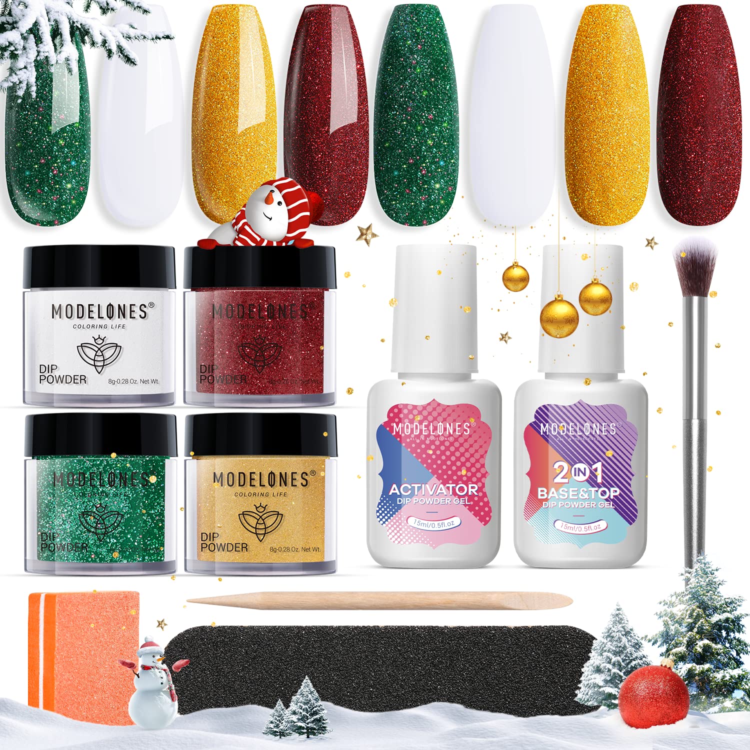Modelones 10 Pcs Christmas Dip Powder Nail Kit Starter, 4 Colors Glitter Acrylic Dipping Powder System Essential Liquid Set with 15ML Base&Top Coat Activator Nail Tools for French Nail Art Manicure DIY Salon Gift Set