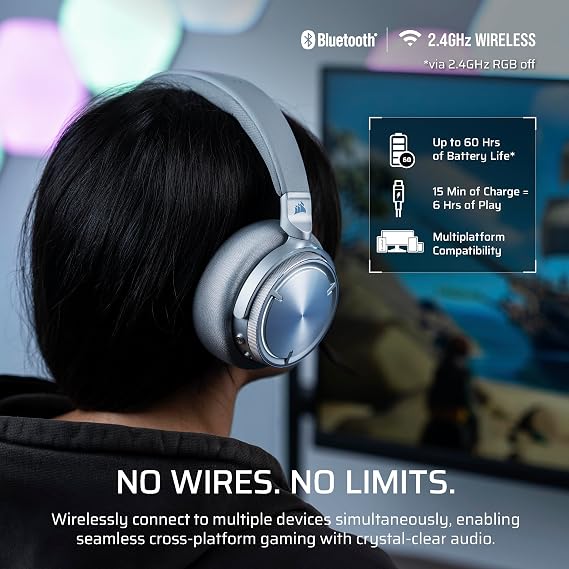 Corsair Virtuoso MAX Wireless Gaming Headset Dolby Atmos, Active Noise Cancelling, Sonarworks SoundID, Simultaneous 2.4GHz Wireless & Bluetooth, 50mm Graphene Drivers, PC, Mac, PS5/PS4 Silver