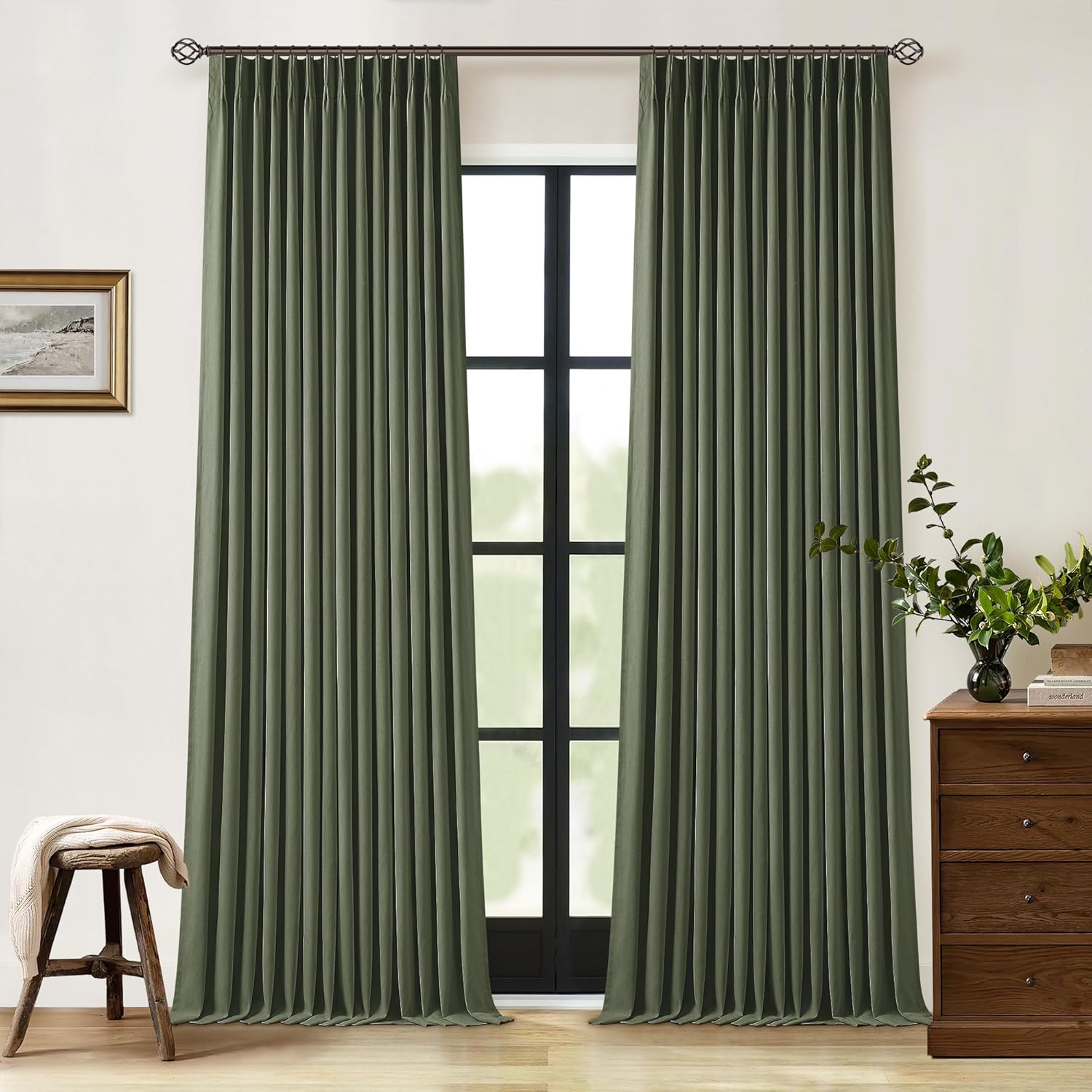 Olive Green Pleated Linen Blackout Curtains 90 Inches Long for Bedroom Living Room Pinch Pleat Black Out Thermal Insulated Ring Hooks Back Tab Room Darkening Drapes Dark Green Curtains with Liner