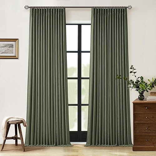 Olive Green Pleated Linen Blackout Curtains 90 Inches Long for Bedroom Living Room Pinch Pleat Black Out Thermal Insulated Ring Hooks Back Tab Room Darkening Drapes Dark Green Curtains with Liner