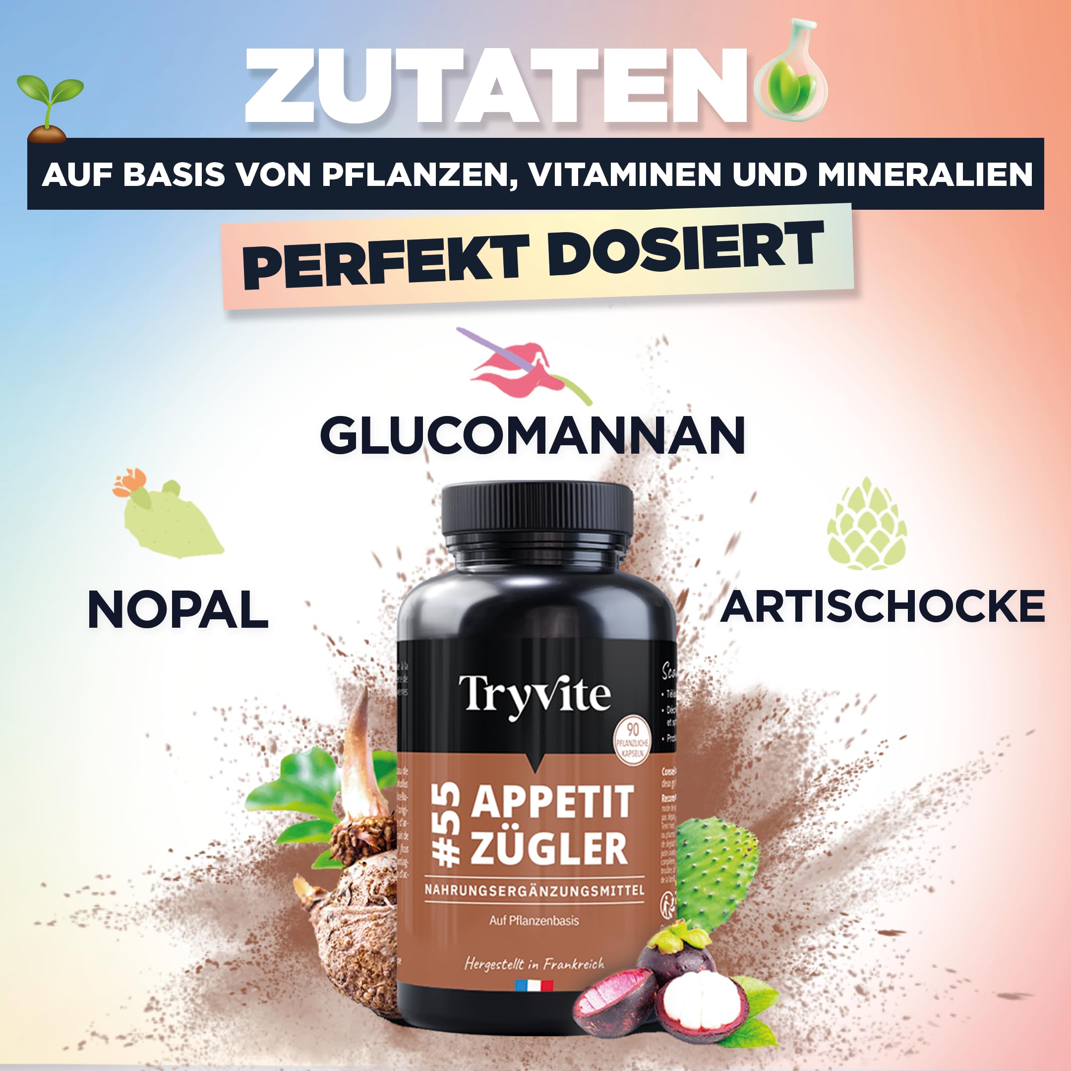 Nahrungsergänzung | Konjak (Glucomannan), Nopal & Artischocke | 90 Kapseln | TRYVITE