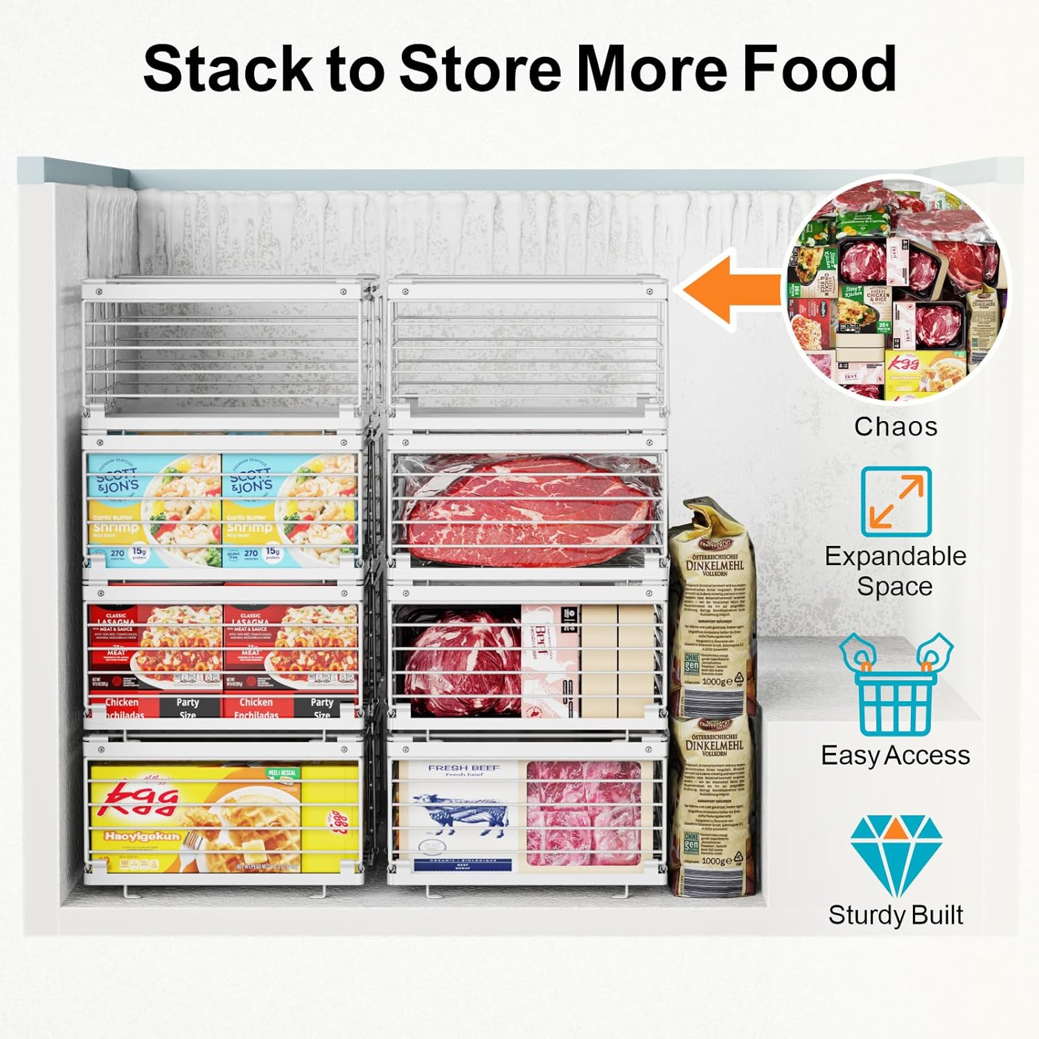 ispecle freezer organizer bins - fit 10 to 20 cu.ft deep freezer, 8 pack large expandable stackable chest freezer organizer sort frozen food easy to get food from bottom without digging, white 8 pack white