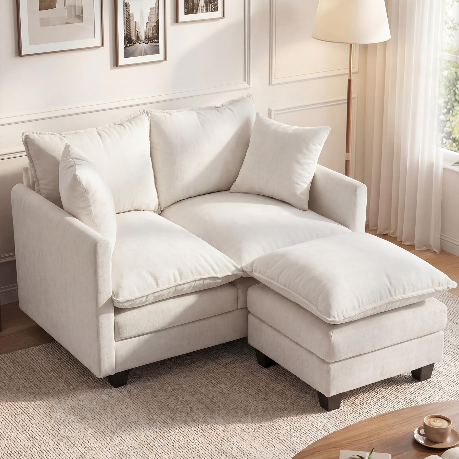 MUDANT 50'' L-Shape Loveseat Sofa with 22" Ottoman, 2 Seat Modern Cloud Couch with 2 Washable Pillows for Small Space Apartment Office Living Room Bedroom, Beige