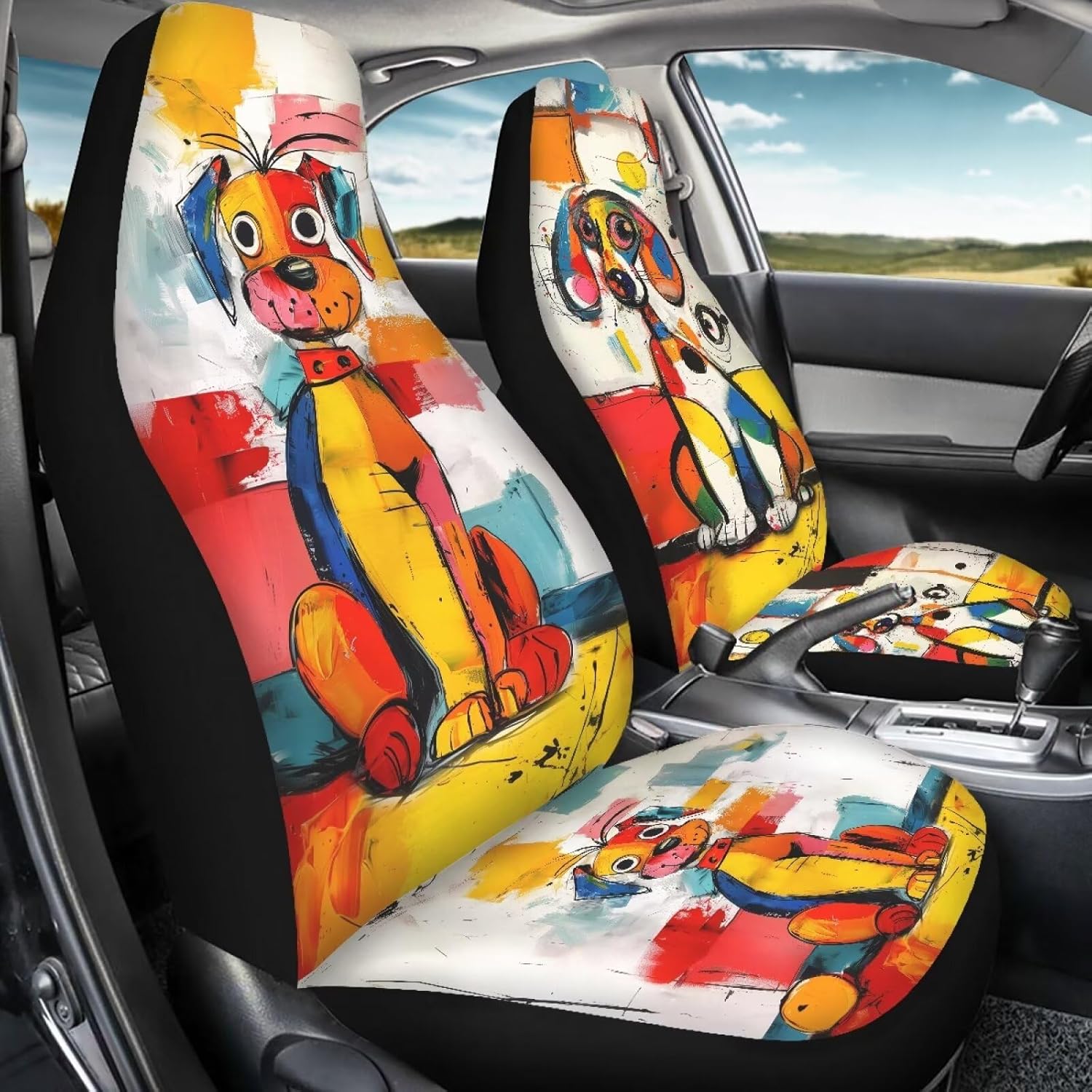 Bulopur Dog Car Seat Covers Front Seats Handmade Painting Soft Breathable Car Seat Covers Cute Automotive Interior Protector for Sedans SUVs Trucks, Easy to Install