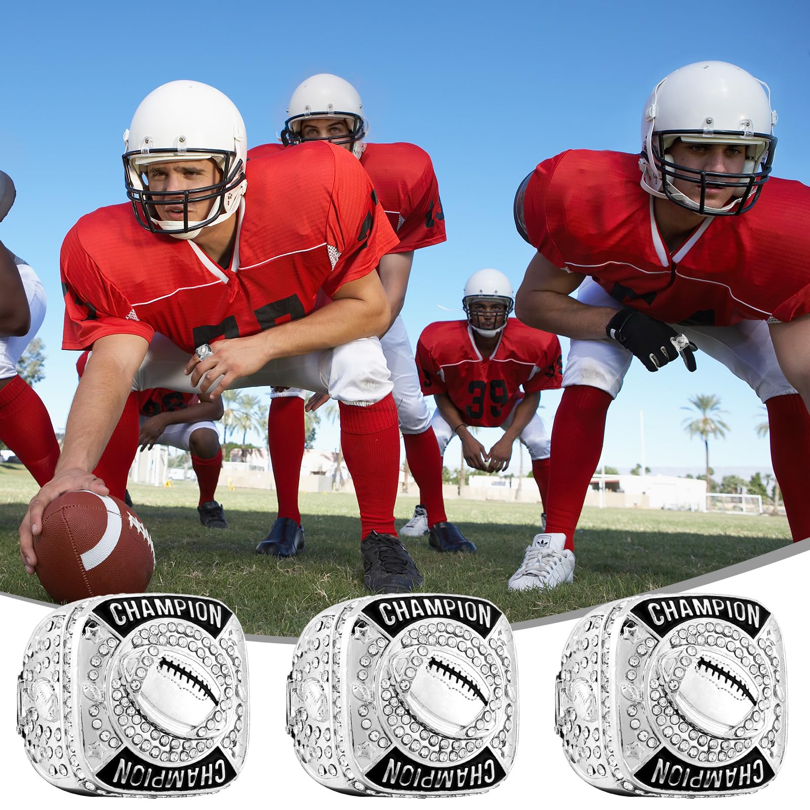 Landical 12 Stück Ringe Championship Trophäe Ringe Sport Ball Spiele Award Geschenk mit Display Hals Kette und Ständer für Turnier oder Liga Champion Gewinner