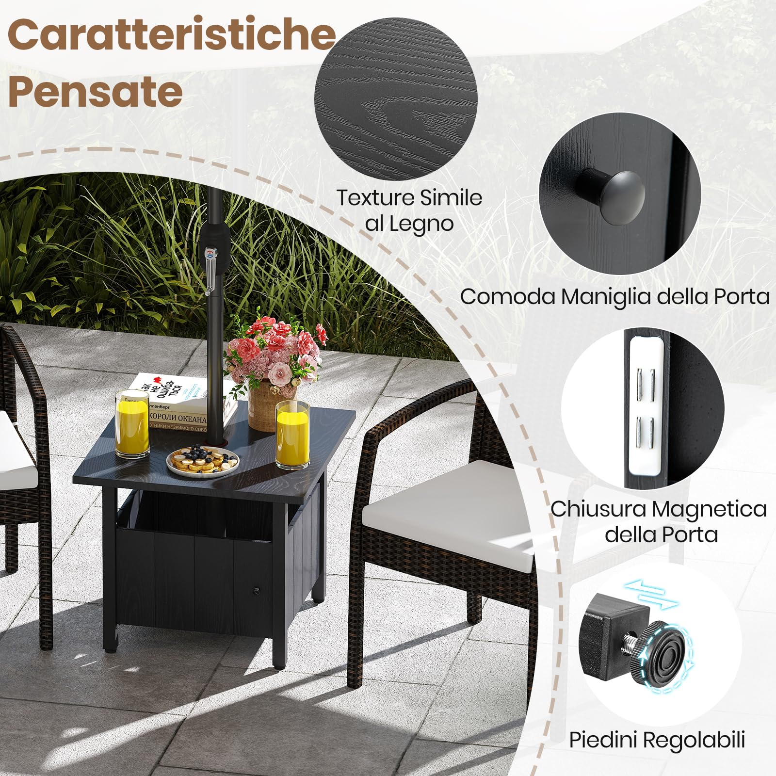 RELAX4LIFE 2 in 1 Tavolino Laterale in Metallo con Foro per Ombrellone 5cm Manopole Regolabili Tavolo da Giardino 80KG 55,5x55,5x48cm