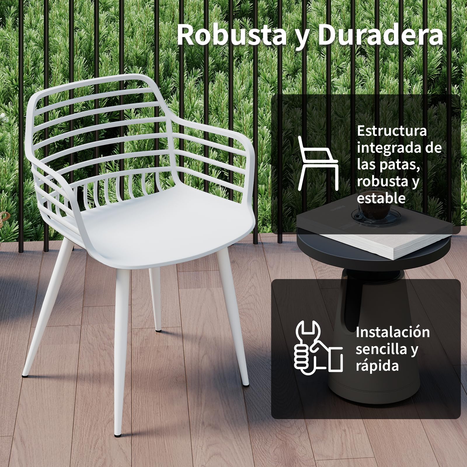JIJIAN Sillas de Jardín Juego de 4, Sillones para Exterior con Reposabrazos y Respaldo, Plástico PP con Patas de Hierro, Capacidad de Carga 120 kg, para Balcón, Jardín, Terraza, Blanco