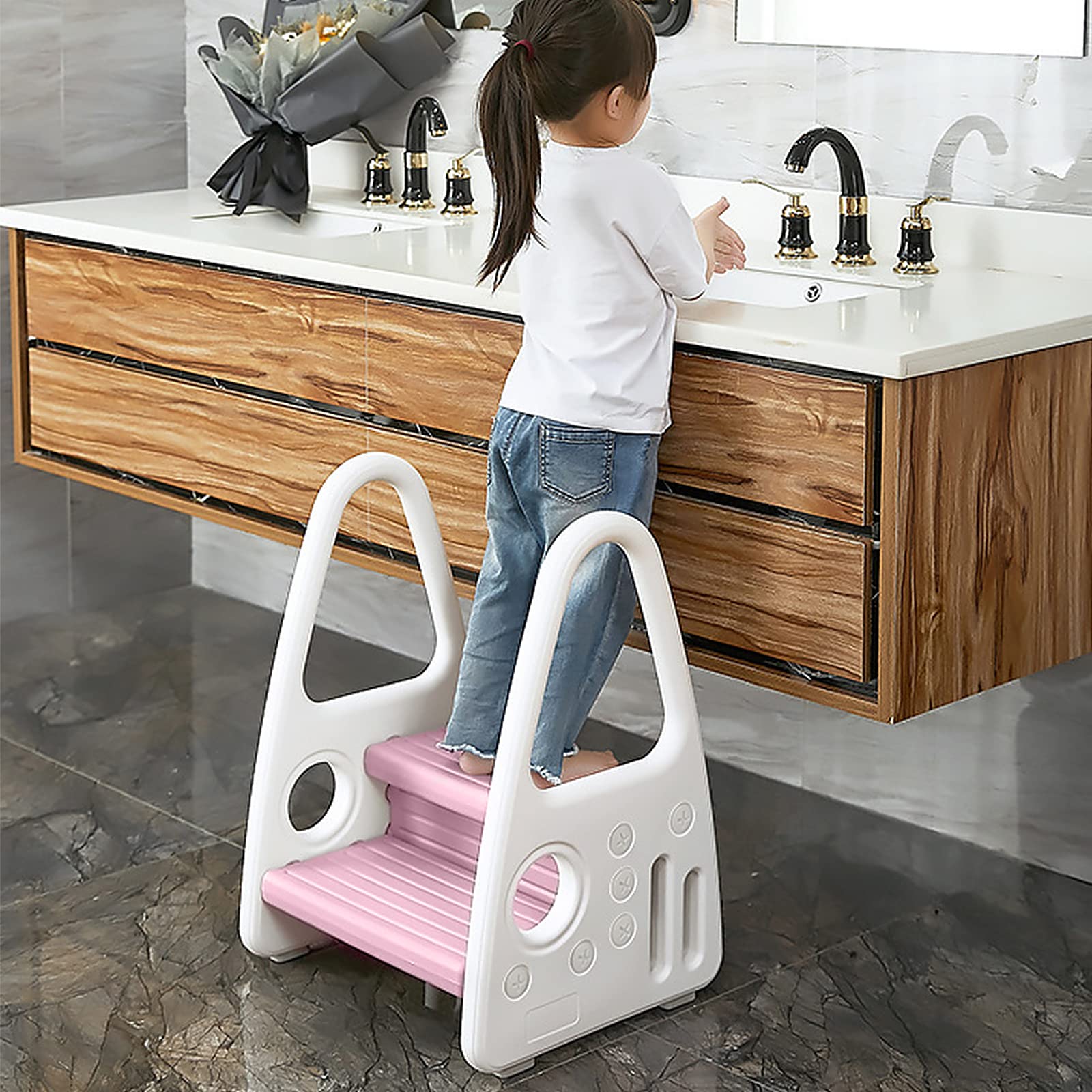 Froadp Sgabello a due per Bambini, Pedane Alzabimbo con 2 Gradini, Sedile per Addestramento per Bambini in Piedi in Plastica, Scaletta di Sicurezza per Bagno Asilo Cucina Camera da Letto (Rosa)