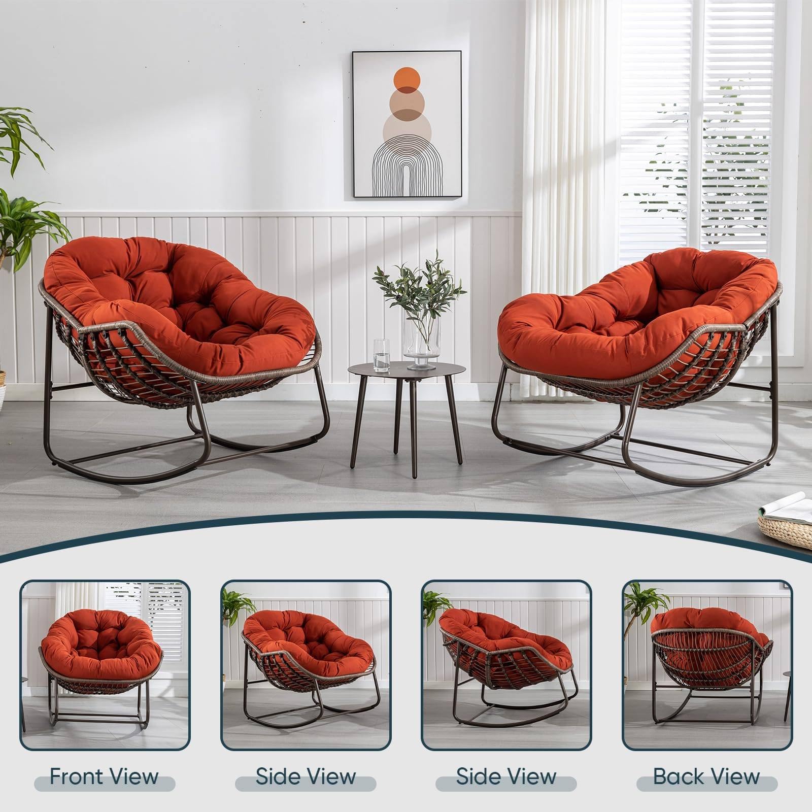 Sedia a dondolo da veranda per uso interno ed esterno - Reclinabile in rattan a 30° con cuscino imbottito,Carico massimo 250 libbre (117 kg) - Ideale per patio,giardino e soggiorno,Orange