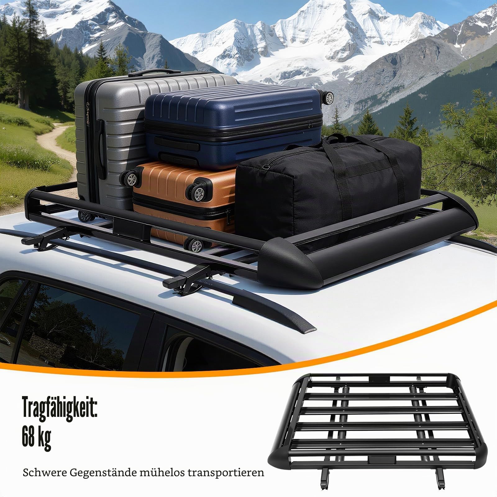 Dachgepäckträger Universal Dachkorb Auto Dachkorb Korb Aluminium Gepäckkorb Dachträger Schwarz Universal Korb Relingträger für Alle SUV-Modelle,127x91CM,Gewichtskapazität 68KG