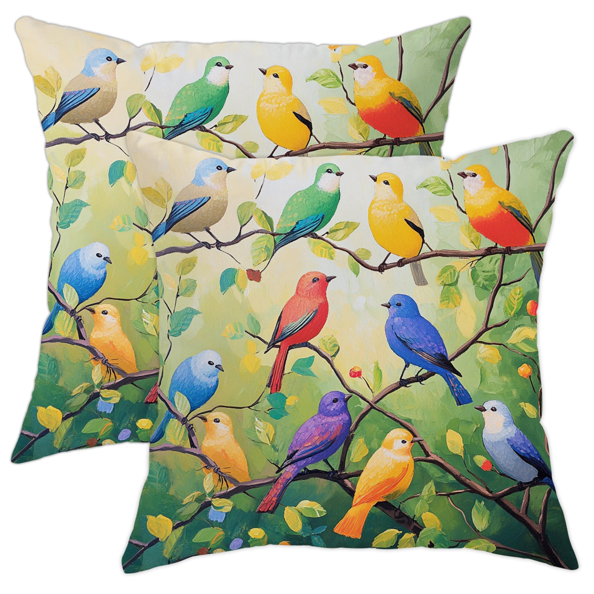 Colorful Bird Pillow Covers Set of 2, Bright Tropical Bird Pattern Throw Pillow Cases, Summer Decorative Outdoor Garden Cushion Covers for Home Couch Sofa Decor 16x16 Inch