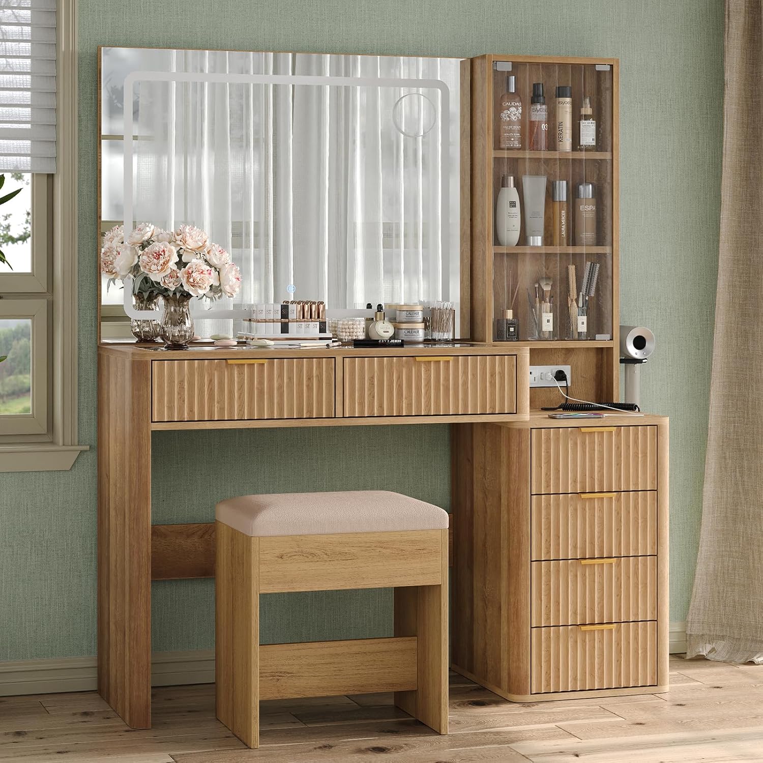 Fluted Vanity Desk with 3-Color LED Mirror, 43.3" Makeup Vanity with Glass Top & Glass Door, 6-Drawer Wood Vanity with Charging Station, Includes Vanity Stool, Natural Oak