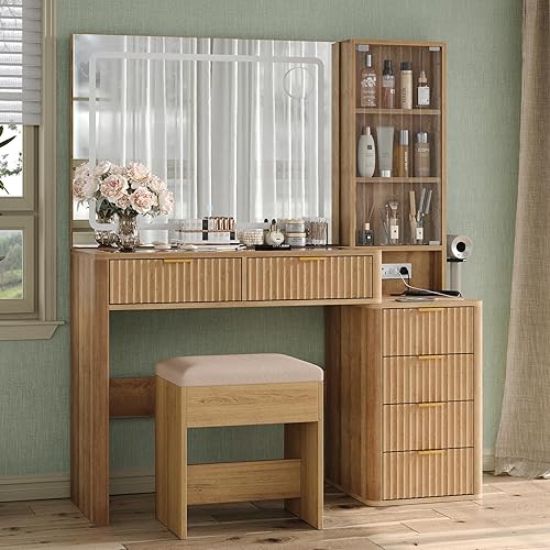 Fluted Vanity Desk with 3-Color LED Mirror, 43.3" Makeup Vanity with Glass Top & Glass Door, 6-Drawer Wood Vanity with Charging Station, Includes Vanity Stool, Natural Oak