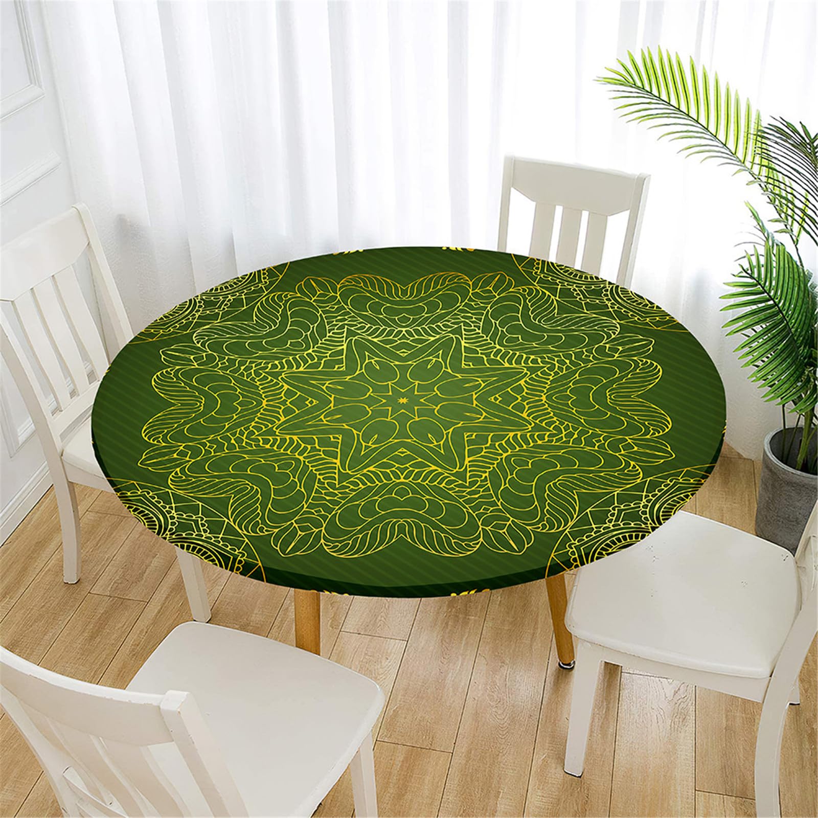 FANSU Round Tablecloths for Circular Table, Mandala Printed Wipe Clean Table Cloths Wipeable Waterproof Table Cover Fitted Elastic Edged for Garden Outdoor Party (Diameter 110cm,Green gold)