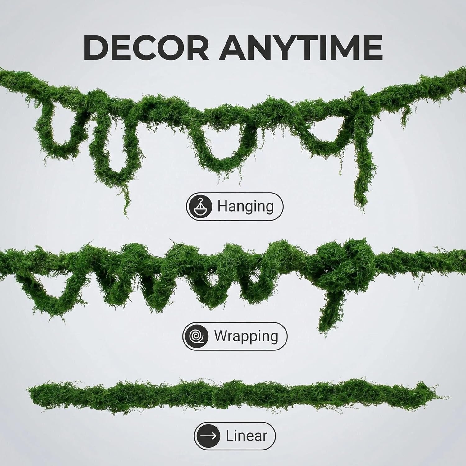 2PCS 55 inch Artificial Fake Moss Green Vines for Home Commercial Office Hanging Reptile Moss wall Decor Wedding Event Halloween Christmas Easter wall Art Decorating