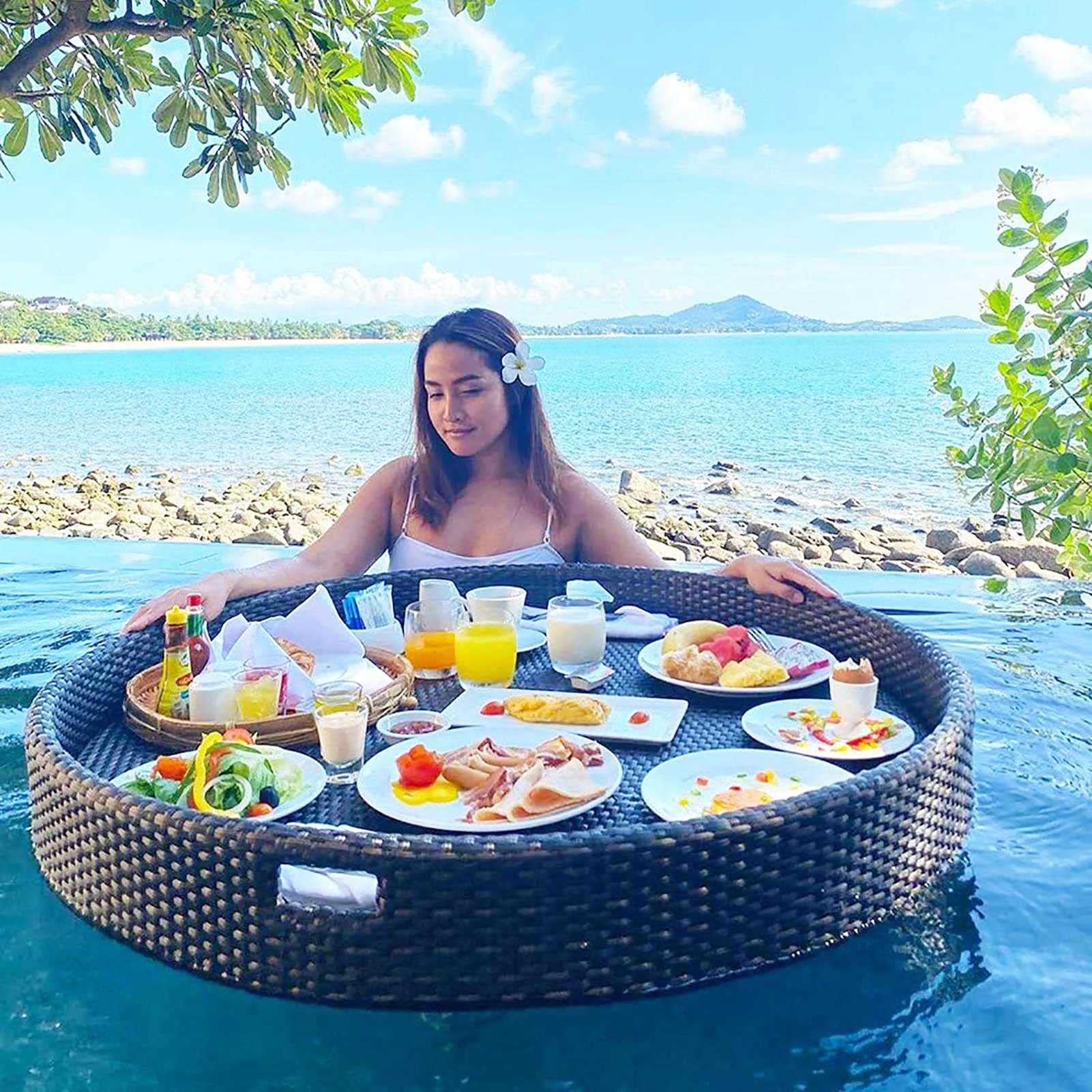 Serenepeak Brown Rattan Floating Breakfast Tray Luxury Floating Serving Tray Table And Swimming Pool Floats(,60Cm)