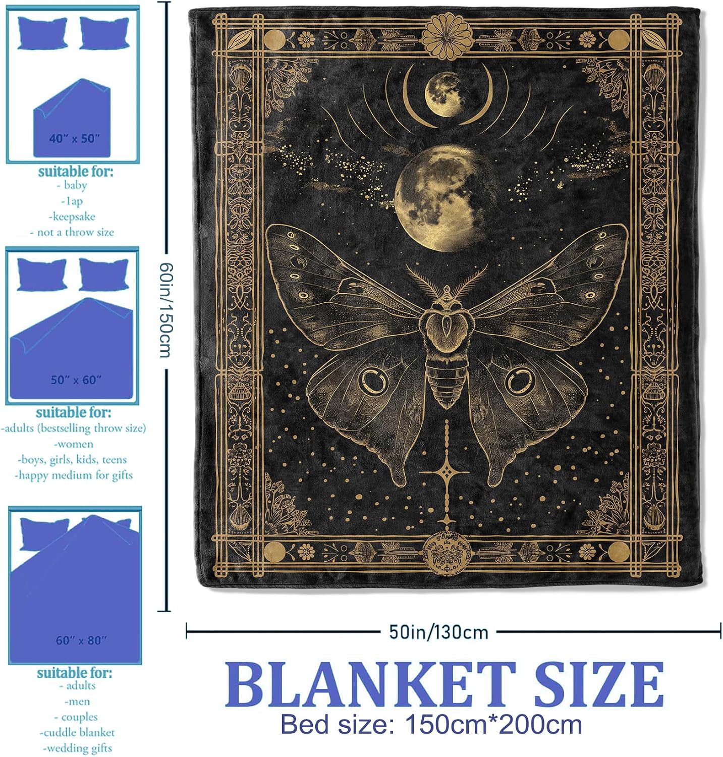 Golden Moth and Moon Throw Blanket 40x50 Inch, Celestial Night Blankets for Bedroom Decor, Starry Sky and Lunar Phases Design Gifts for Women