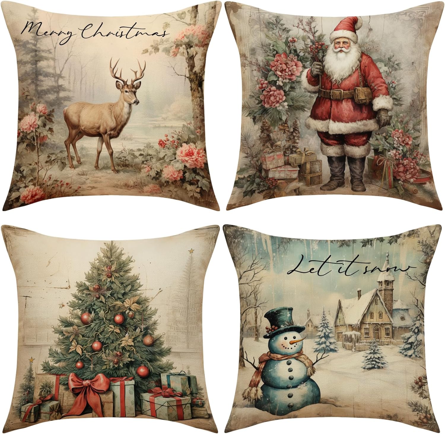Vintage Christmas Pillow Covers 18x18 Set of 4 Farmhouse