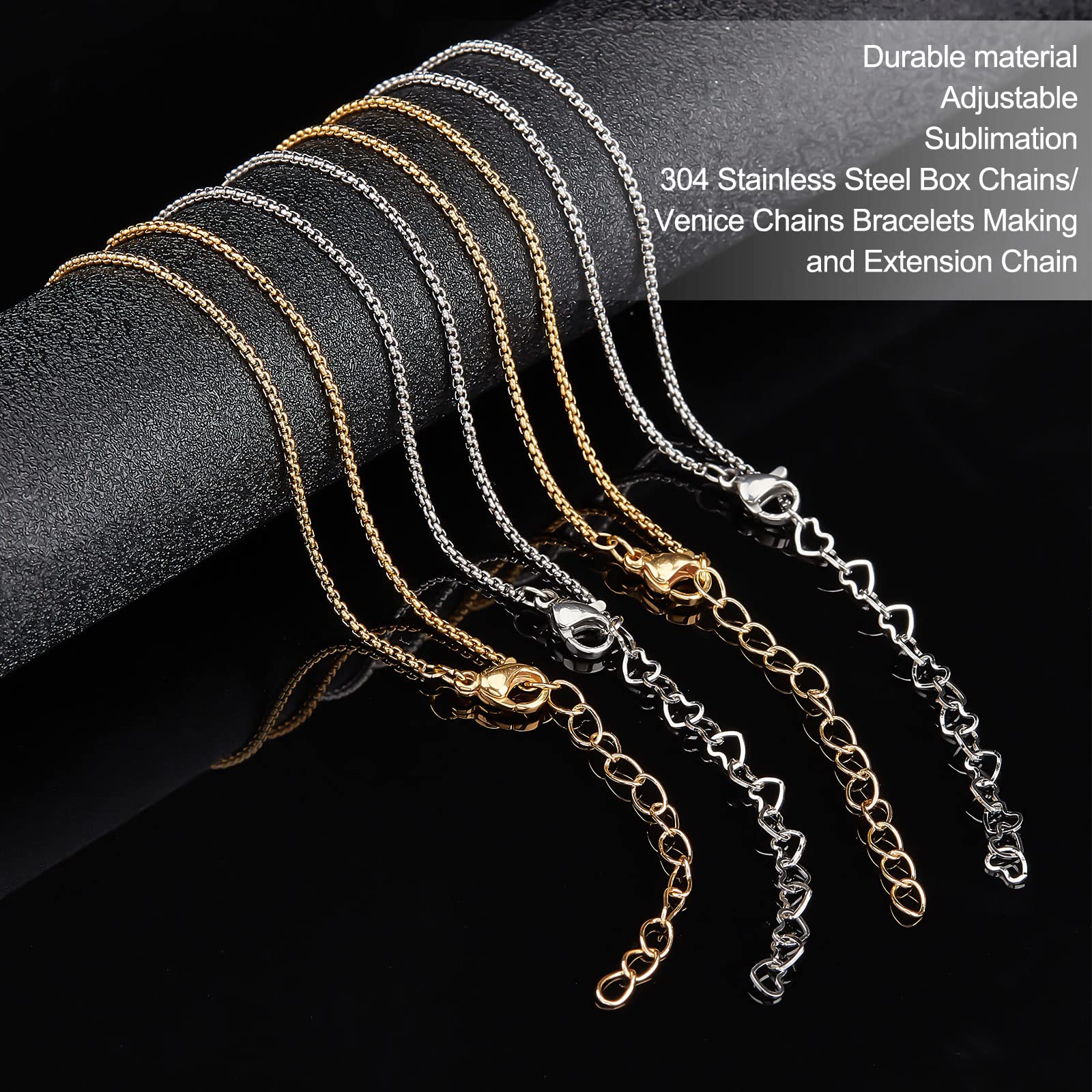 UNICRAFTALE Lot De 12 Bracelets Réglables Curseur Chaîne 7 Pouces Acier Inoxydable Avec Perle Glissante Et Fermoir Mousqueton Coeur