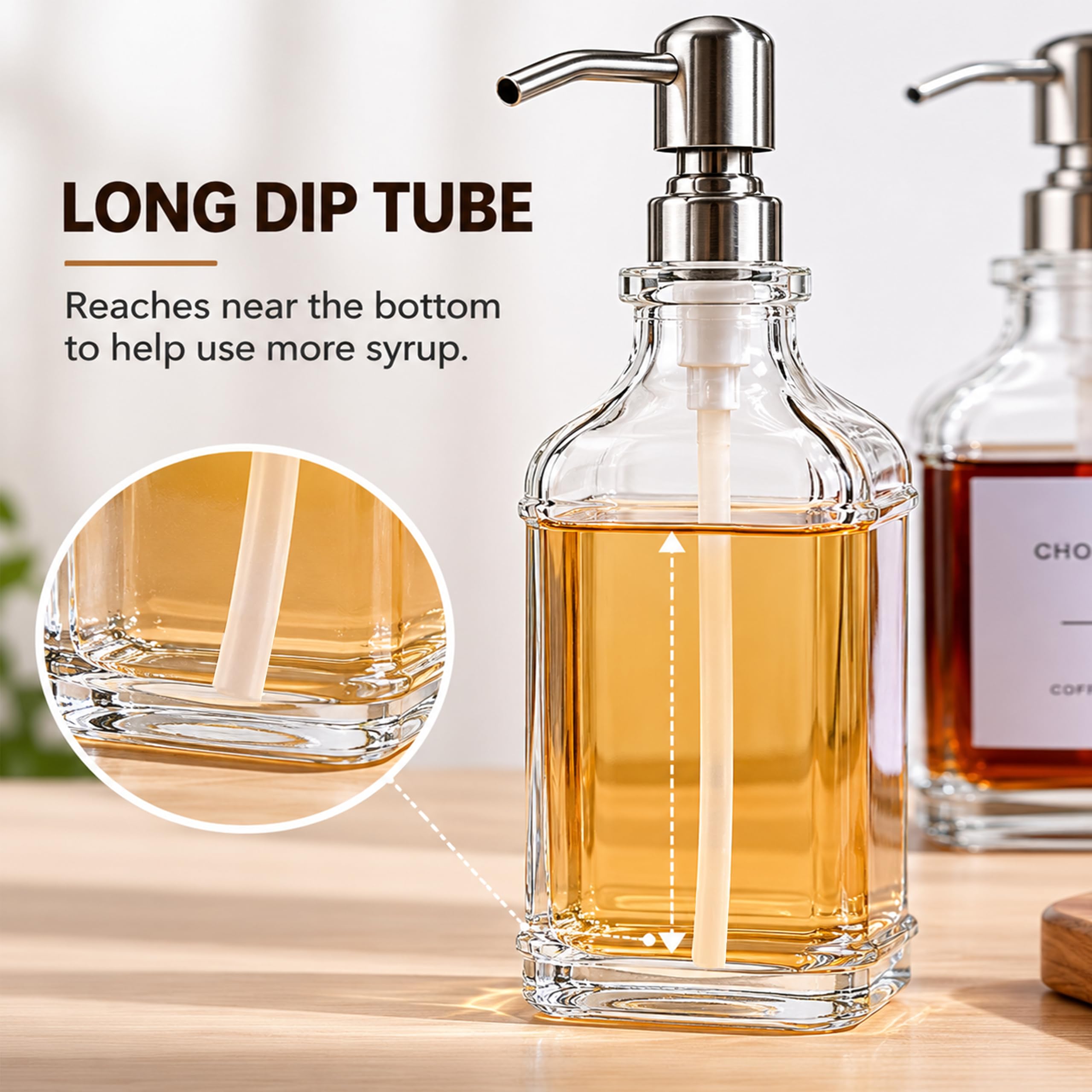 TECHSHARE 2er-Pack Kaffeesirupspender aus Glas mit Pumpe, Elegantes Kaffeebar-Zubehör mit Etikett, Wiederverwendbare Sirupflasche für die Küche (Sliver)