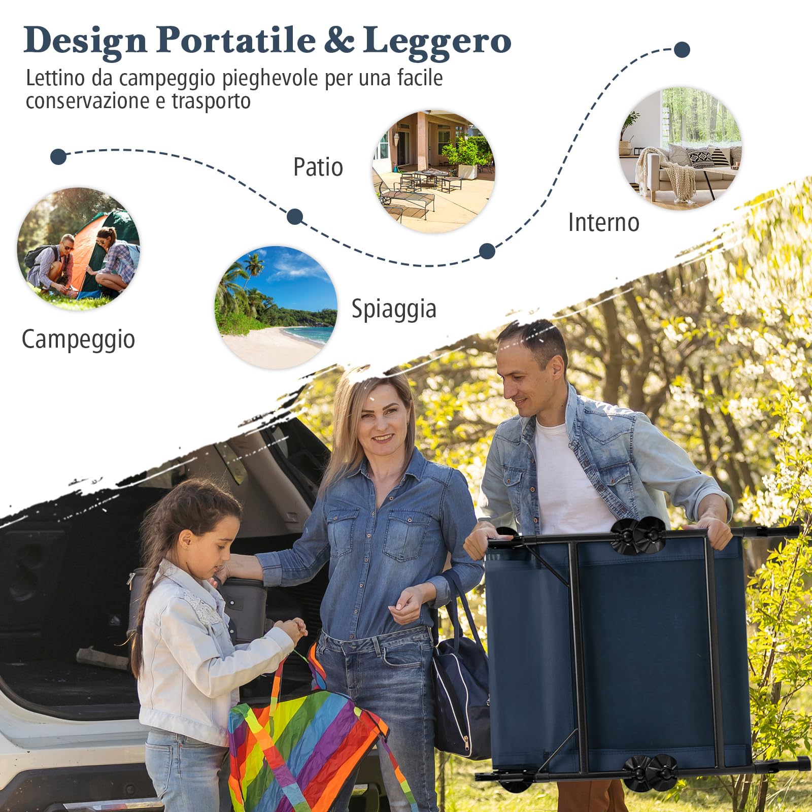 COSTWAY Brandina da Campeggio Pieghevole con Materasso Rimovibile, Poggiatesta, Schienale Regolabile in 6 Posizioni e Copripiedi Girevole a 360°, per Campeggio, Ufficio e Ospiti (Blu)