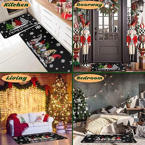 Miniatura 5 de Juego de 2 alfombras de cocina de búfalo con diseño de gnomos de árbol de cuadros negros con texto en inglés "Merry Christmas", decoración de piso